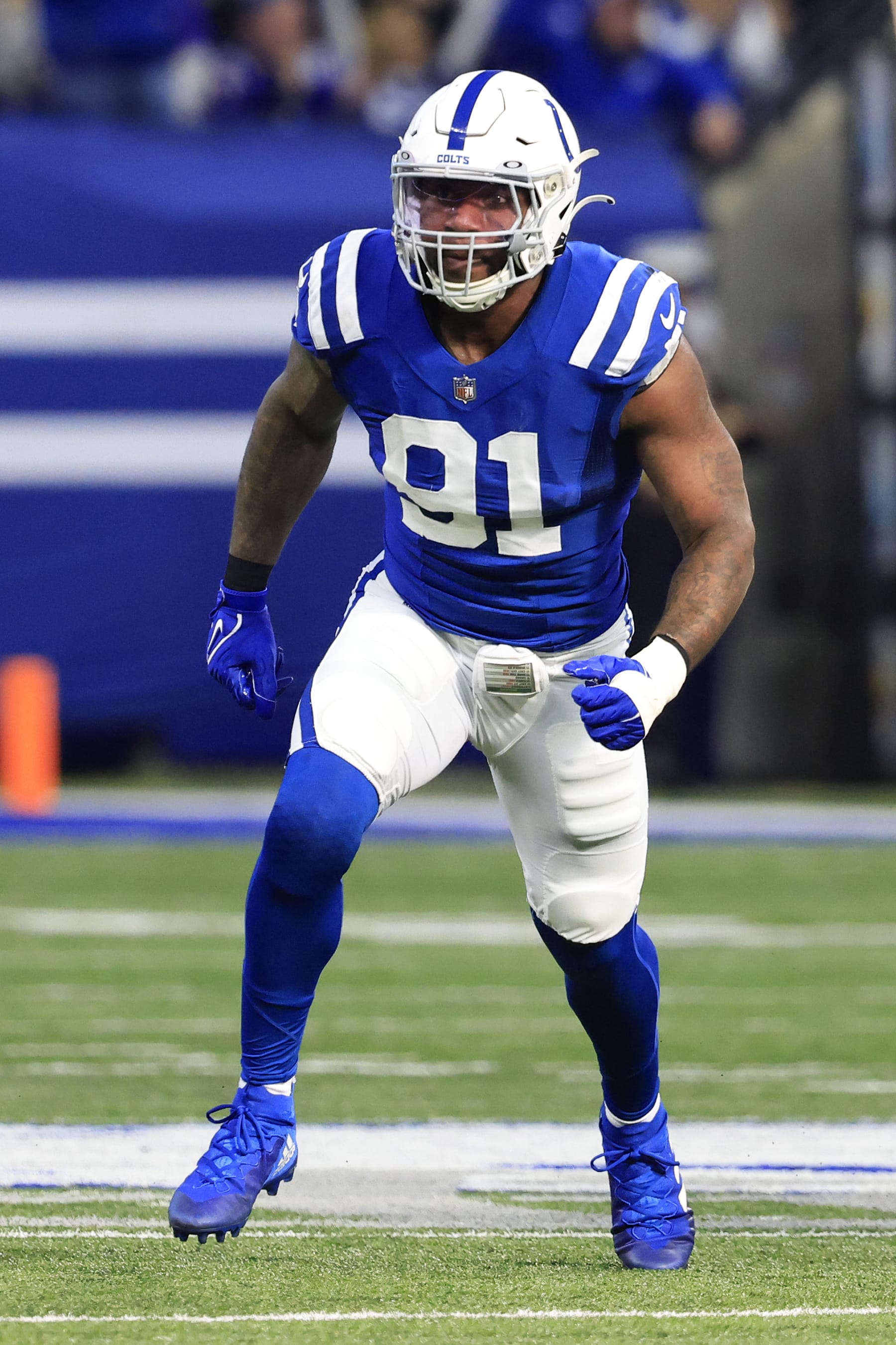 INDIANAPOLIS, INDIANA - NOVEMBER 20: Yannick Ngakoue #91 of the Indianapolis Colts on the field in the game against the Philadelphia Eagles at Lucas Oil Stadium on November 20, 2022 in Indianapolis, Indiana. (Photo by Justin Casterline/Getty Images)