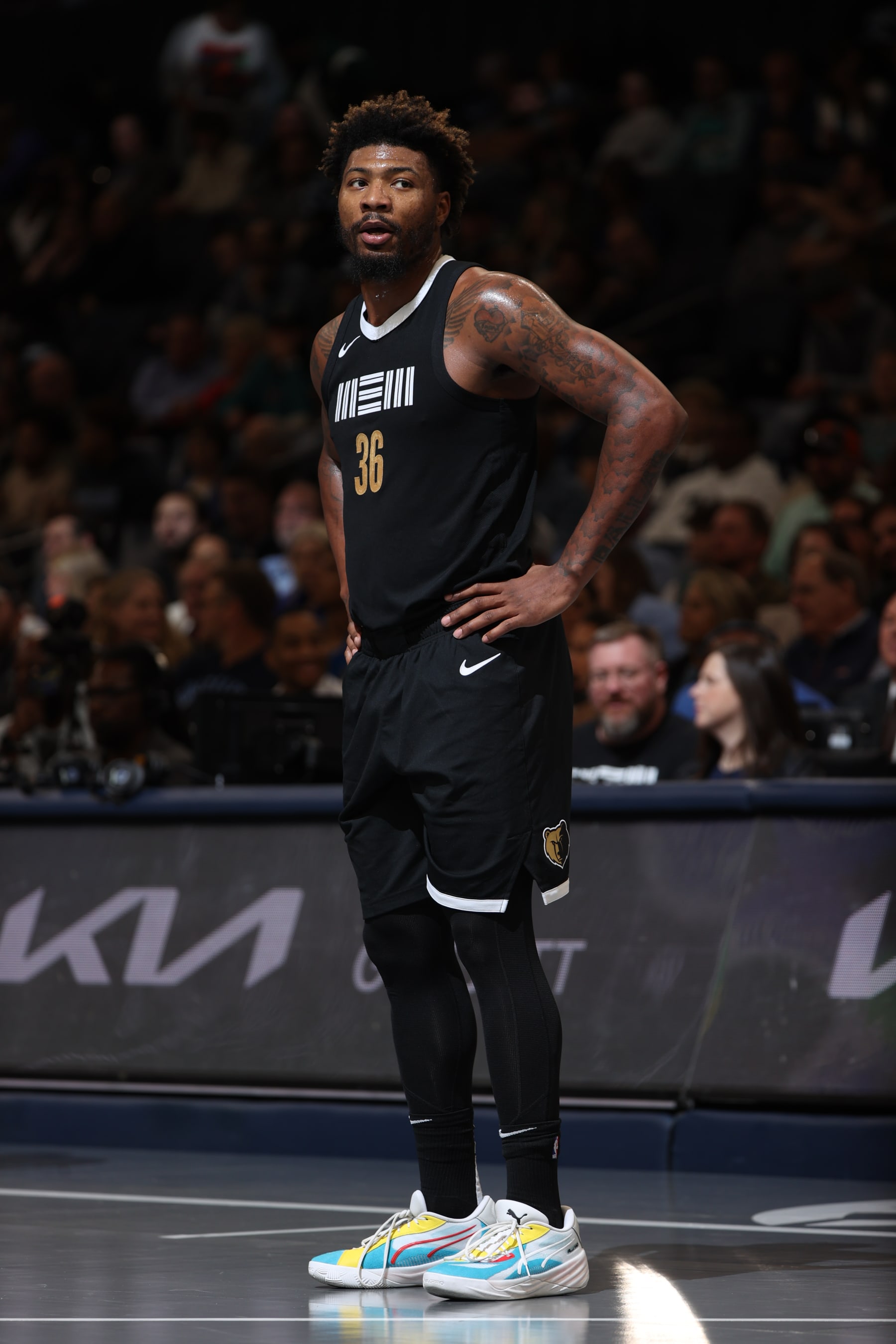 MEMPHIS, TN - NOVEMBER 10: Marcus Smart #36 of the Memphis Grizzlies looks on during the game against the Utah Jazz during the In-Season Tournament on November 10, 2023 at FedExForum in Memphis, Tennessee. NOTE TO USER: User expressly acknowledges and agrees that, by downloading and or using this photograph, User is consenting to the terms and conditions of the Getty Images License Agreement. Mandatory Copyright Notice: Copyright 2023 NBAE (Photo by Joe Murphy/NBAE via Getty Images)