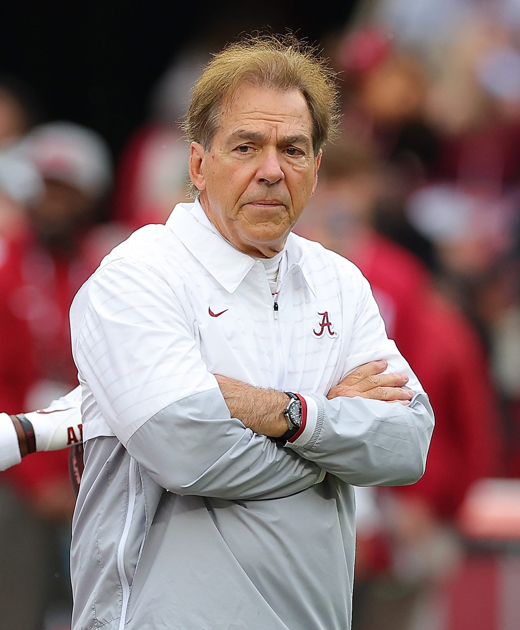 TUSCALOOSA, ALABAMA - NOVEMBER 26:  ead coach Nick Saban of the Alabama Crimson Tide looks on during pregame warmups prior to facing the Auburn Tigers at Bryant-Denny Stadium on November 26, 2022 in Tuscaloosa, Alabama. (Photo by Kevin C. Cox/Getty Images)