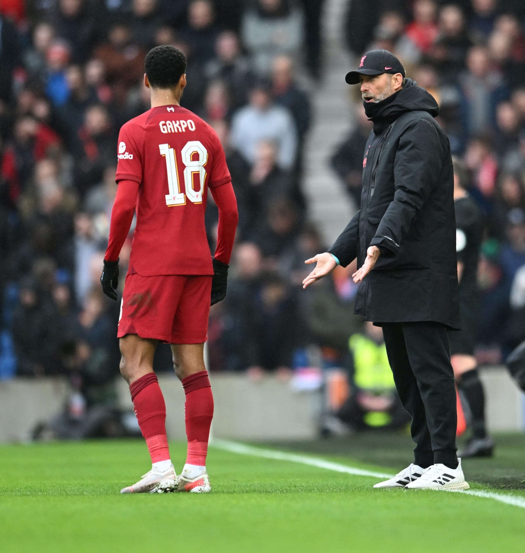 BRIGHTON, ENGLAND - JANUARY 29: ( THE SUN OUT,THE SUN ON SUNDAY OUT) Jurgen Klopp manager of Liverpool talks to Cody Gakpo of Liverpool  at Amex Stadium on January 29, 2023 in Brighton, England. (Photo by Andrew Powell/Liverpool FC via Getty Images)