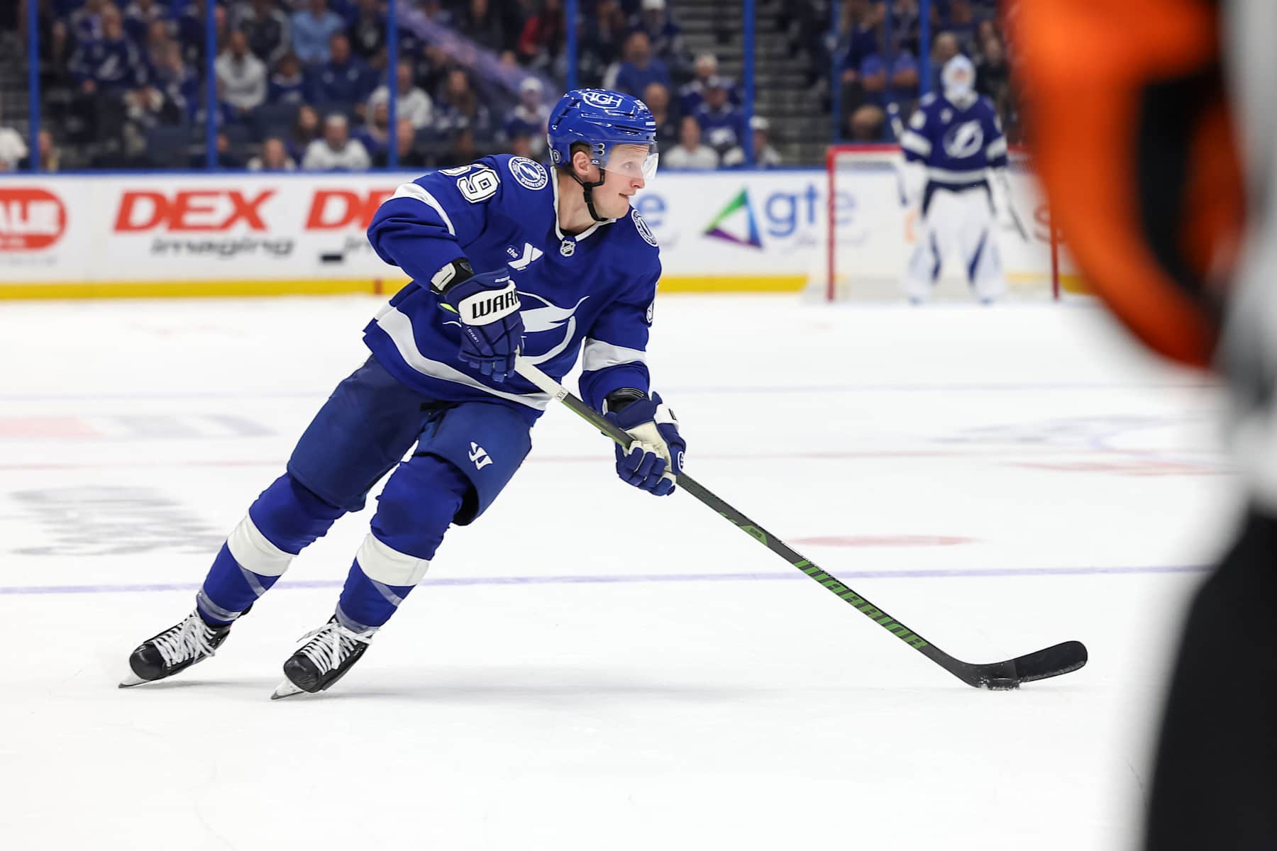 TAMPA, FL - OCTOBER 28: Jake Guentzel #59 of the Tampa Bay Lightning looks to pass against the Nashville Predators during the second period of the game at Amalie Arena on October 28, 2024 in Tampa, Florida. (Photo by Mike Carlson/Getty Images)