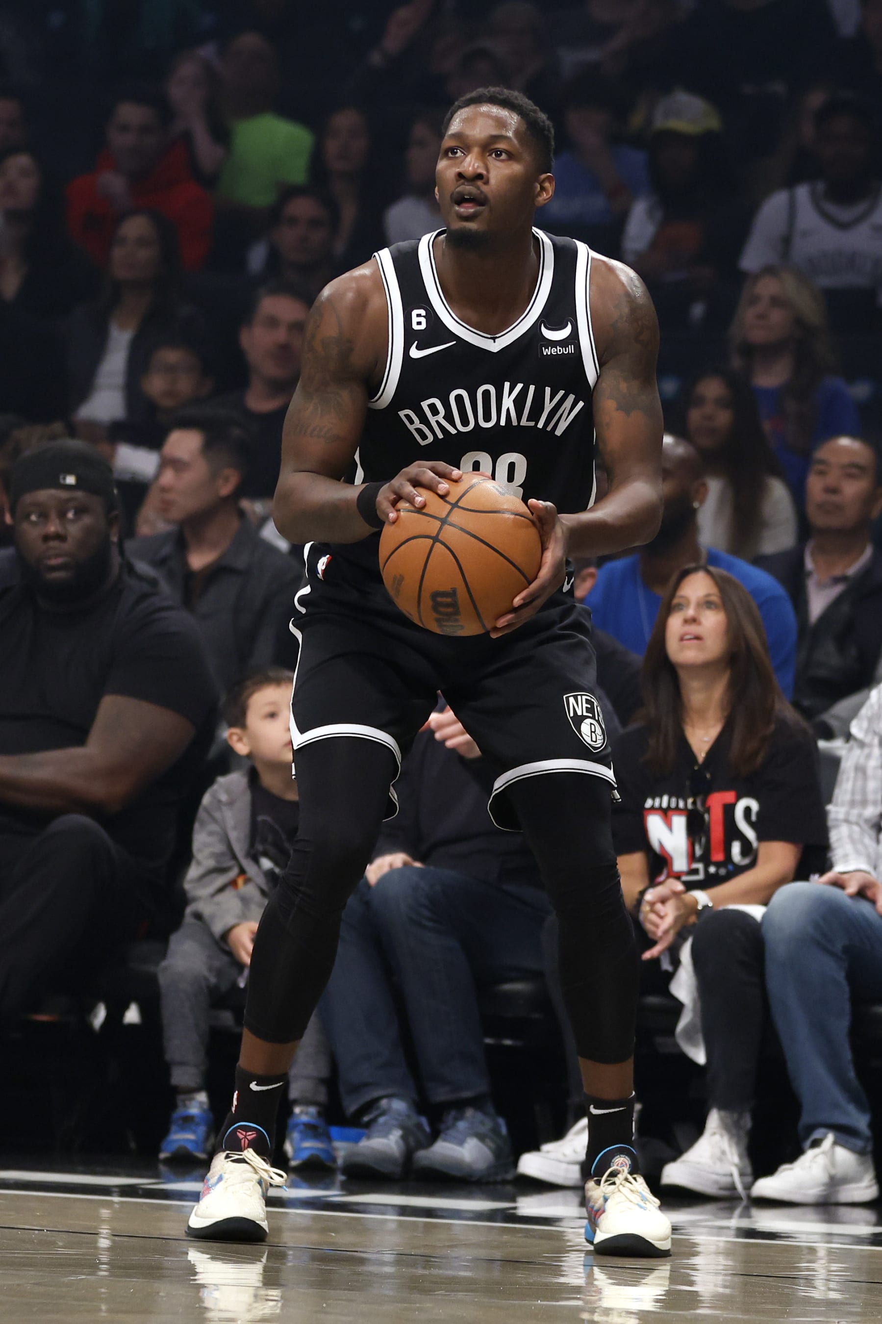 NEW YORK, NEW YORK - APRIL 22: Dorian Finney-Smith #28 of the Brooklyn Nets shoots the ball against the Philadelphia 76ers during the first half of Game Four of the Eastern Conference First Round Playoffs at Barclays Center on April 22, 2023 in the Brooklyn borough of New York City. NOTE TO USER: User expressly acknowledges and agrees that, by downloading and or using this photograph, User is consenting to the terms and conditions of the Getty Images License Agreement. (Photo by Sarah Stier/Getty Images)