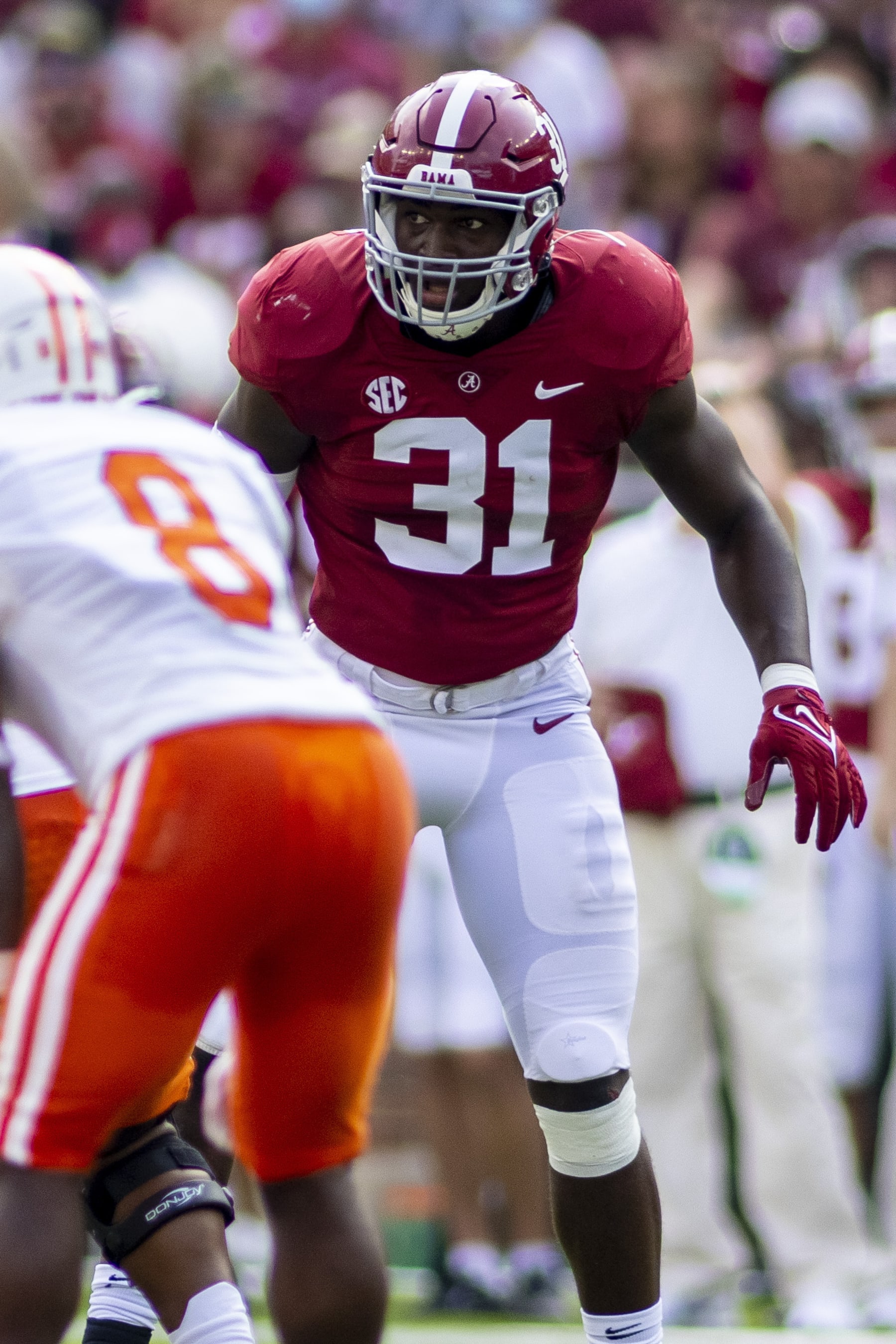 Alabama linebacker Will Anderson Jr. (31) gets set against Mercer during the first half of an NCAA college football game, Saturday, Sept. 11, 2021, in Tuscaloosa, Ala. (AP Photo/Vasha Hunt)
