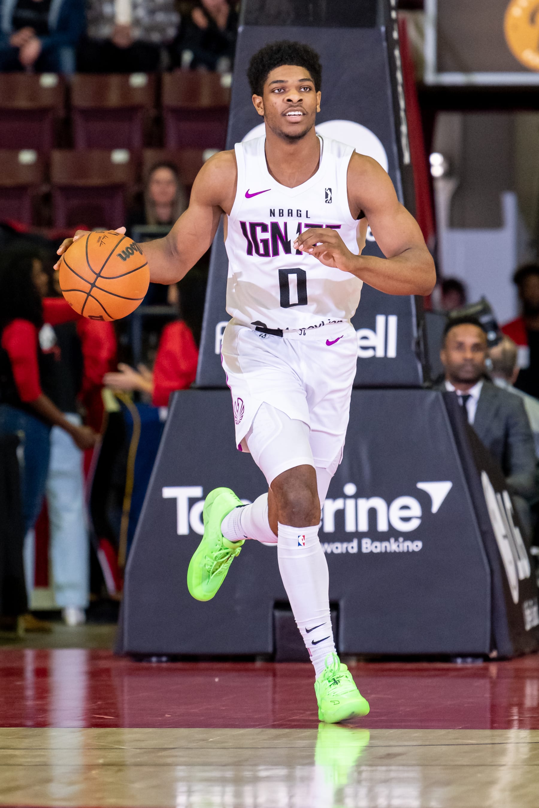 MISSISSAUGA, ON - MARCH 6: Scoot Henderson #0 of the G League Ignite handles the ball during an NBA G League game against the Raptors 905 at the Paramount Fine Foods Centre on March 6, 2023 in Mississauga, Ontario. NOTE TO USER: User expressly acknowledges and agrees that, by downloading and/or using this photograph, user is consenting to the terms and conditions of the Getty Images License Agreement. Mandatory Copyright Notice: Copyright 2023 NBAE (Photo by Christian Bonin/NBAE via Getty Images)