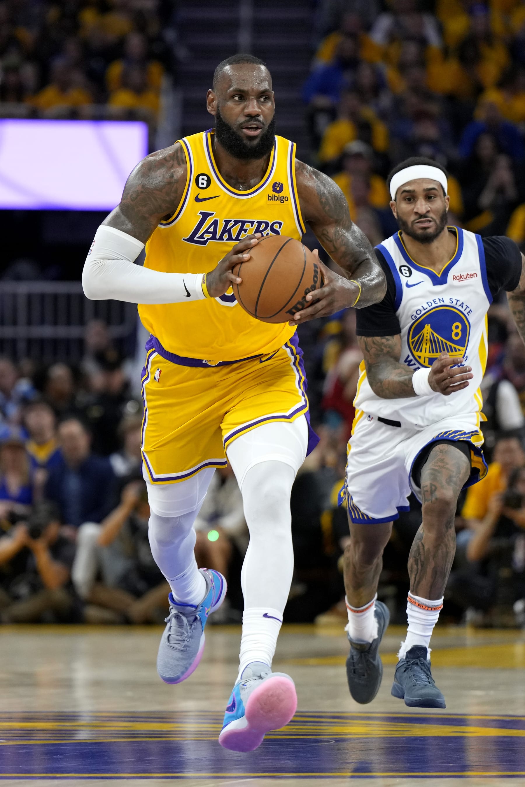 SAN FRANCISCO, CALIFORNIA - MAY 10: LeBron James #6 of the Los Angeles Lakers looks to pass the ball during the second quarter against the Golden State Warriors in game five of the Western Conference Semifinal Playoffs at Chase Center on May 10, 2023 in San Francisco, California. NOTE TO USER: User expressly acknowledges and agrees that, by downloading and or using this photograph, User is consenting to the terms and conditions of the Getty Images License Agreement. (Photo by Thearon W. Henderson/Getty Images)