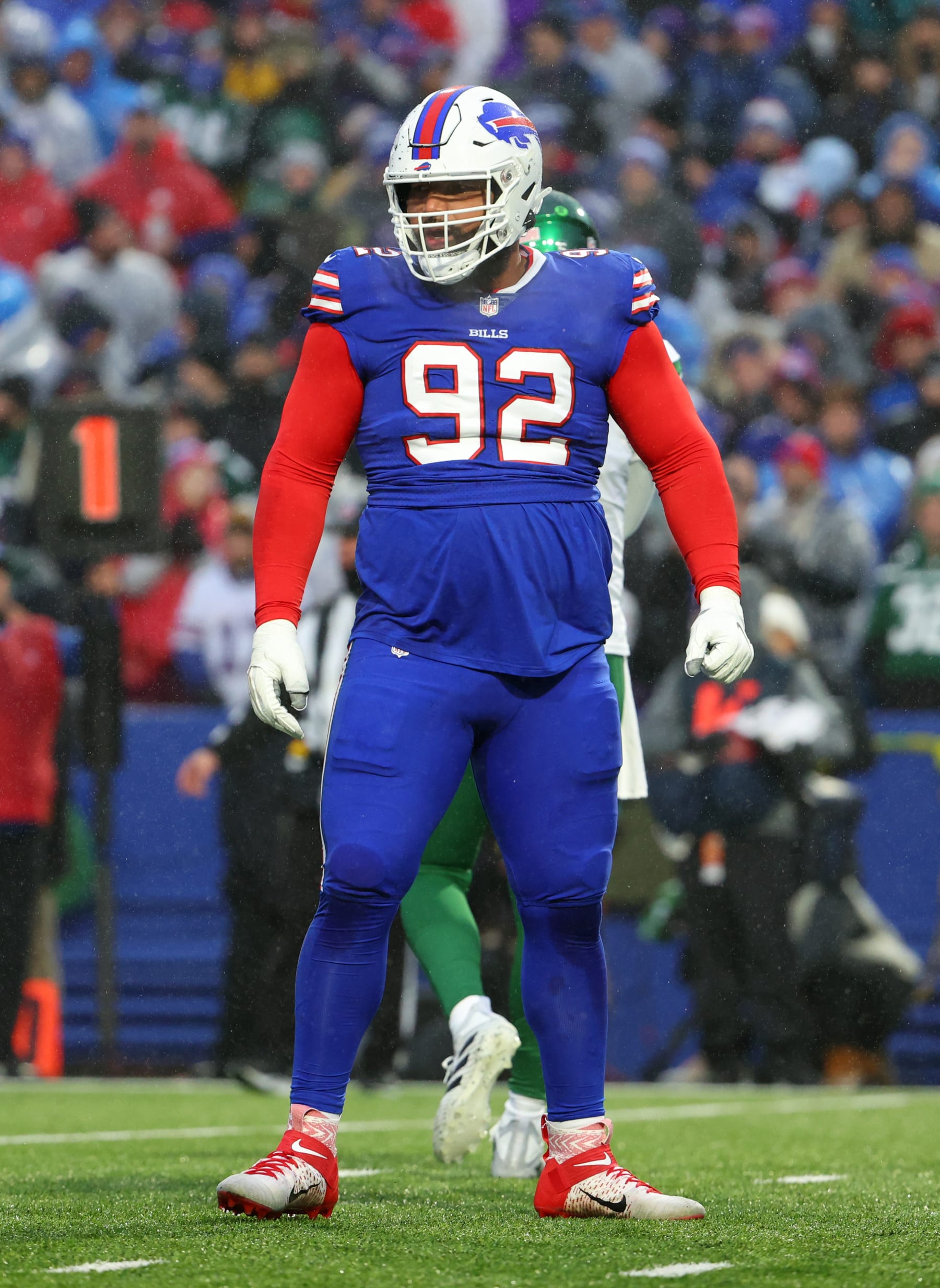 ORCHARD PARK, NY - DECEMBER 11: DaQuan Jones #92 of the Buffalo Bills against the New York Jets at Highmark Stadium on December 11, 2022 in Orchard Park, New York. (Photo by Timothy T Ludwig/Getty Images)
