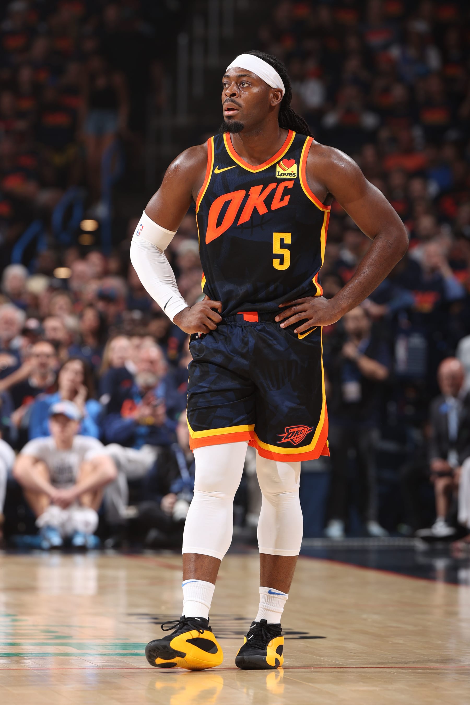 OKLAHOMA CITY, OK - MAY 15: Luguentz Dort #5 of the Oklahoma City Thunder looks on during the game against the Dallas Mavericks during Round 2 Game 5 of the 2024 NBA Playoffs on May 15, 2024 at Paycom Arena in Oklahoma City, Oklahoma. NOTE TO USER: User expressly acknowledges and agrees that, by downloading and or using this photograph, User is consenting to the terms and conditions of the Getty Images License Agreement. Mandatory Copyright Notice: Copyright 2024 NBAE (Photo by Joe Murphy/NBAE via Getty Images)