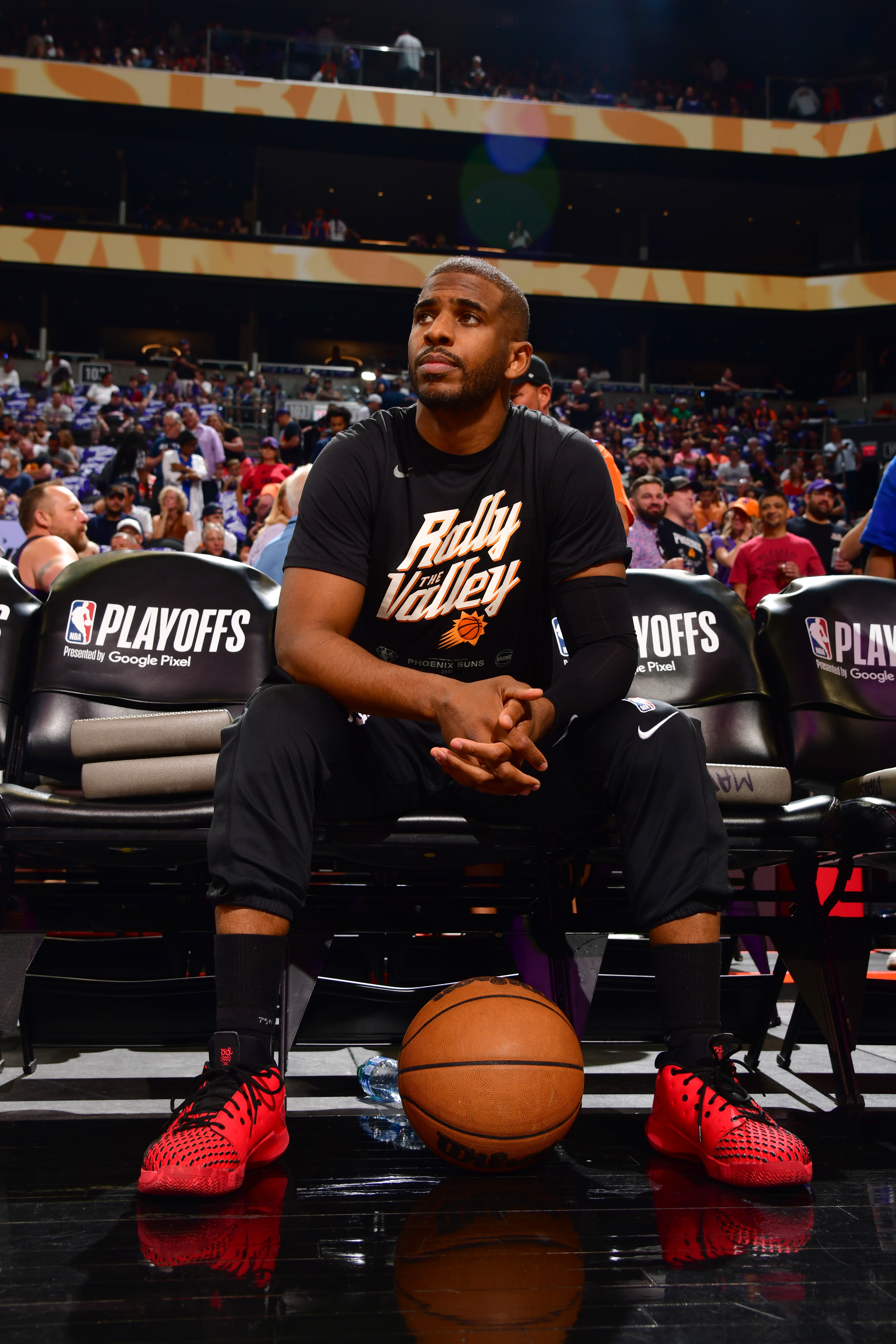 PHOENIX, AZ - MAY 15: Chris Paul #3 of the Phoenix Suns looks on prior to the game against the Dallas Mavericks during Game 7 of the 2022 NBA Playoffs Western Conference Semifinals on May 15, 2022 at Footprint Center in Phoenix, Arizona. NOTE TO USER: User expressly acknowledges and agrees that, by downloading and or using this photograph, user is consenting to the terms and conditions of the Getty Images License Agreement. Mandatory Copyright Notice: Copyright 2022 NBAE (Photo by Barry Gossage/NBAE via Getty Images)
