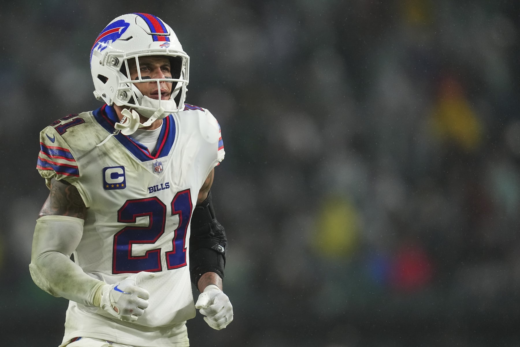 PHILADELPHIA, PENNSYLVANIA - NOVEMBER 26: Jordan Poyer #21 of the Buffalo Bills looks on against the Philadelphia Eagles at Lincoln Financial Field on November 26, 2023 in Philadelphia, Pennsylvania. (Photo by Mitchell Leff/Getty Images)