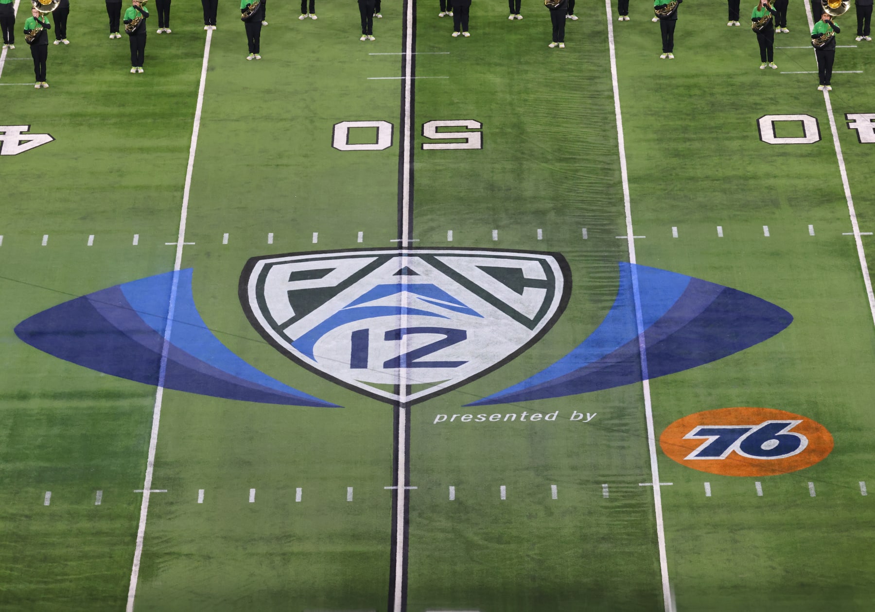 LAS VEGAS, NV - DECEMBER 01: A general view of the PAC-12 and 76 logos during the PAC-12 Championship Game between the Oregon Ducks and the Washington Huskies Friday, Dec. 1, 2023, at Allegiant Stadium in Las Vegas, Nevada. (Photo by Marc Sanchez/Icon Sportswire via Getty Images)
