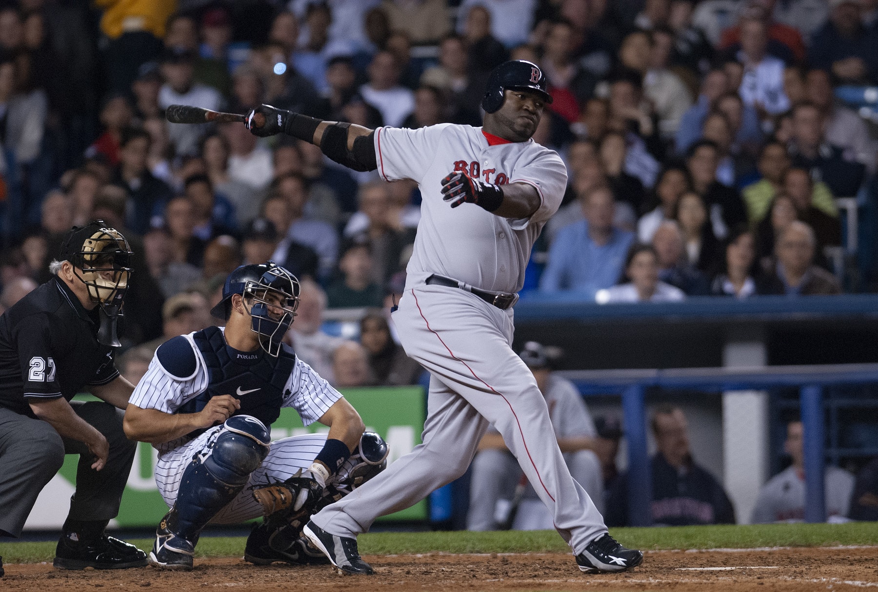 NEW YORK - MAY 10:  David Ortiz #34 of the Boston Red Sox bats against the New York Yankees during an Major League Baseball game May 10, 2006 at Yankee Stadium in the Bronx borough of New York City.  Ortiz played for the Red Sox from 2003 - 2016. (Photo by Focus on Sport/Getty Images)