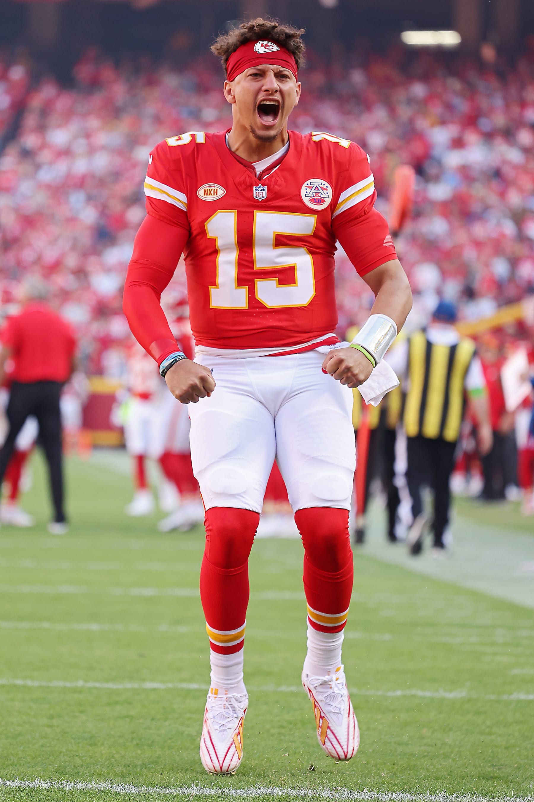 KANSAS CITY, MISSOURI - OCTOBER 22: Patrick Mahomes #15 of the Kansas City Chiefs reacts before the game against the Los Angeles Chargers at GEHA Field at Arrowhead Stadium on October 22, 2023 in Kansas City, Missouri. (Photo by Jamie Squire/Getty Images)