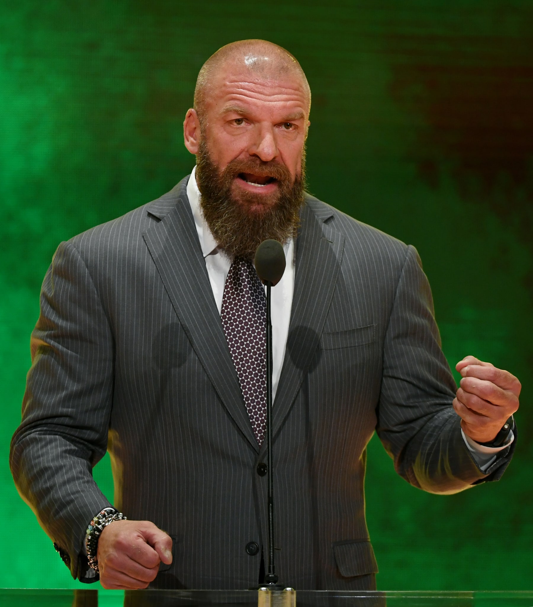 LAS VEGAS, NEVADA - OCTOBER 11:  WWE Executive Vice President of Talent, Live Events and Creative Paul "Triple H" Levesque speaks at a WWE news conference at T-Mobile Arena on October 11, 2019 in Las Vegas, Nevada. It was announced that WWE wrestler Braun Strowman will face heavyweight boxer Tyson Fury and WWE champion Brock Lesnar will take on former UFC heavyweight champion Cain Velasquez at the WWE's Crown Jewel event at Fahd International Stadium in Riyadh, Saudi Arabia on October 31.  (Photo by Ethan Miller/Getty Images)