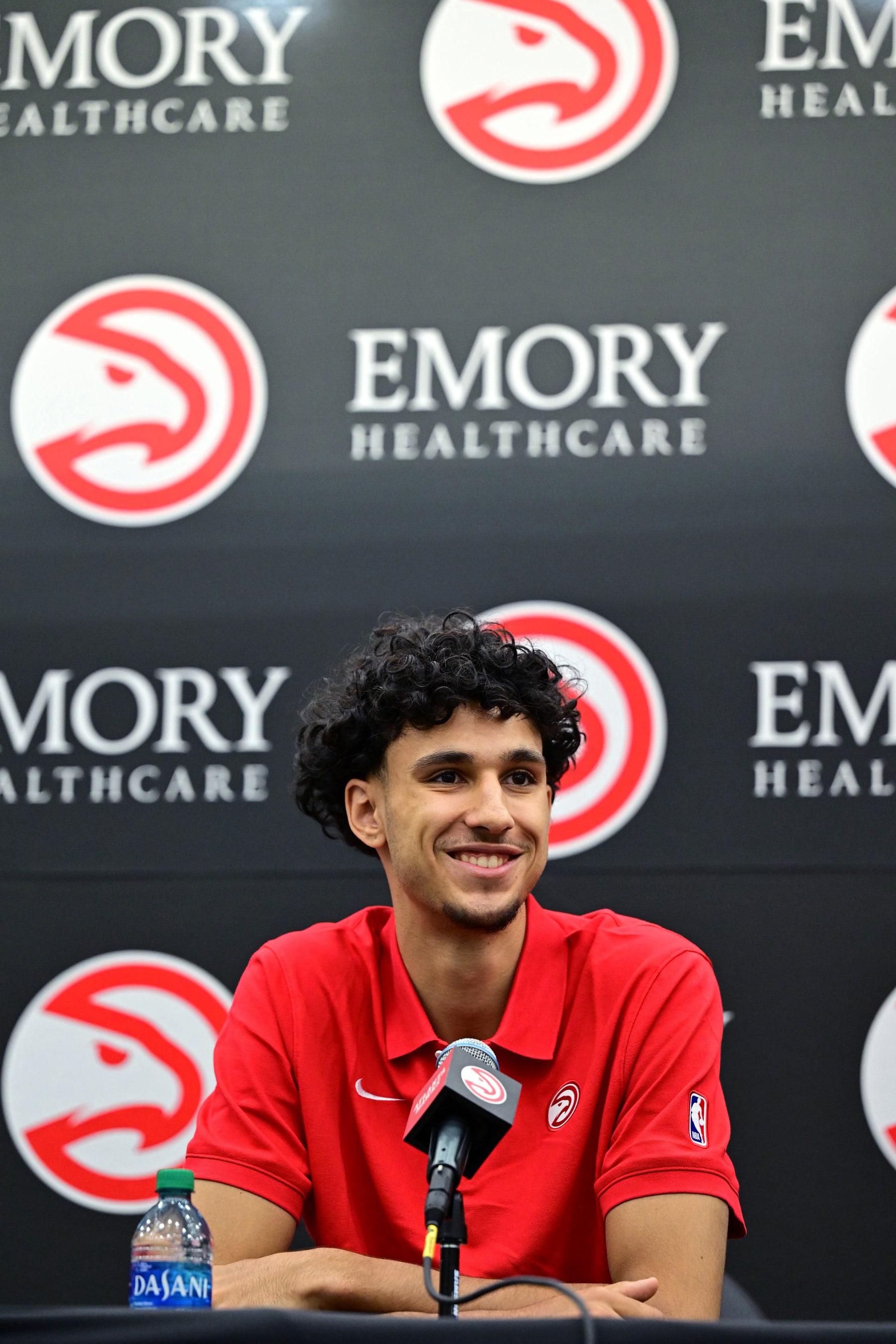 ATLANTA, GA - JUNE 28: The Atlanta Hawks introduce Zaccharie Risacher during a press conference on June 28, 2024 at Emory Sports and Medical Complex in Atlanta, Georgia. NOTE TO USER: User expressly acknowledges and agrees that, by downloading and or using this photograph, user is consenting to the terms and conditions of Getty Images License Agreement. Mandatory Copyright Notice: Copyright 2024 NBAE (Photo by Adam Hagy/NBAE via Getty Images)