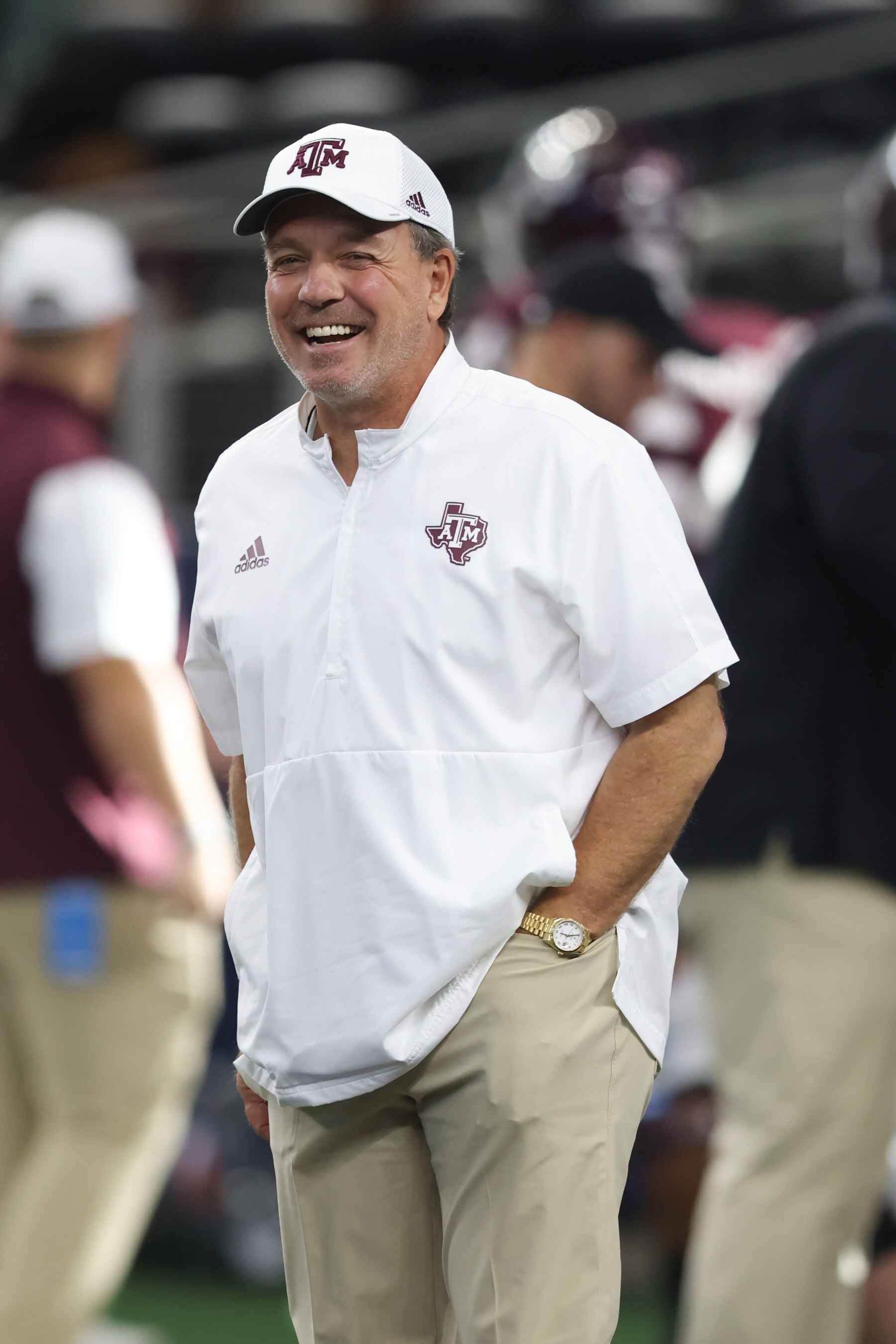 ARLINGTON, TX - SEPTEMBER 24: Texas A&M head coach Jimbo Fisher smiles during warmups before the Southwest Classic between the Arkansas Razorbacks and the Texas A&M Aggies on September 24, 2022 at AT&T Stadium in Arlington, TX (Photo by John Bunch/Icon Sportswire via Getty Images)