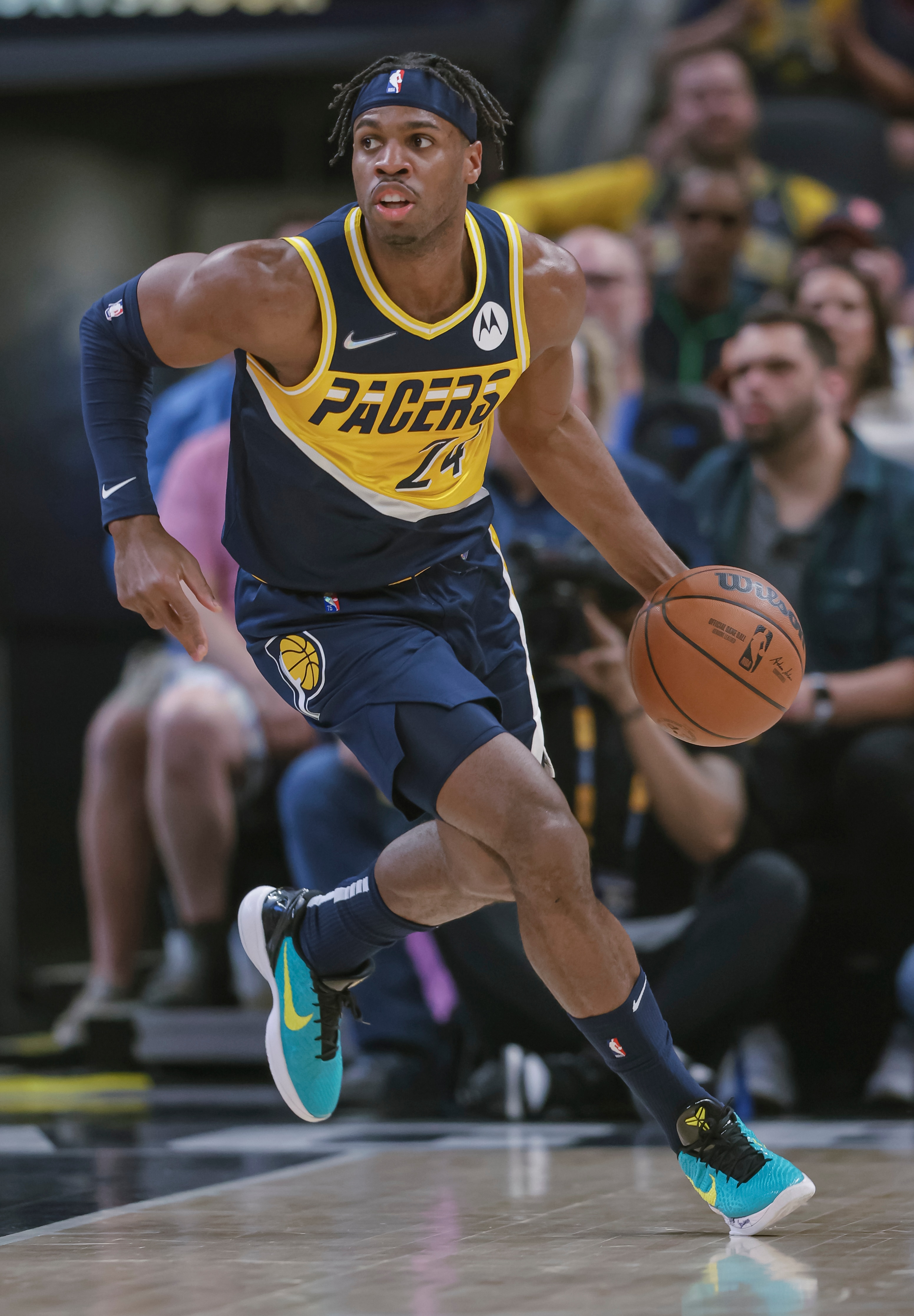 INDIANAPOLIS, IN - APRIL 03: Buddy Hield #24 of the Indiana Pacers brings the ball up court during the game against the Detroit Pistons at Gainbridge Fieldhouse on April 3, 2022 in Indianapolis, Indiana. NOTE TO USER: User expressly acknowledges and agrees that, by downloading and or using this photograph, User is consenting to the terms and conditions of the Getty Images License Agreement. (Photo by Michael Hickey/Getty Images)