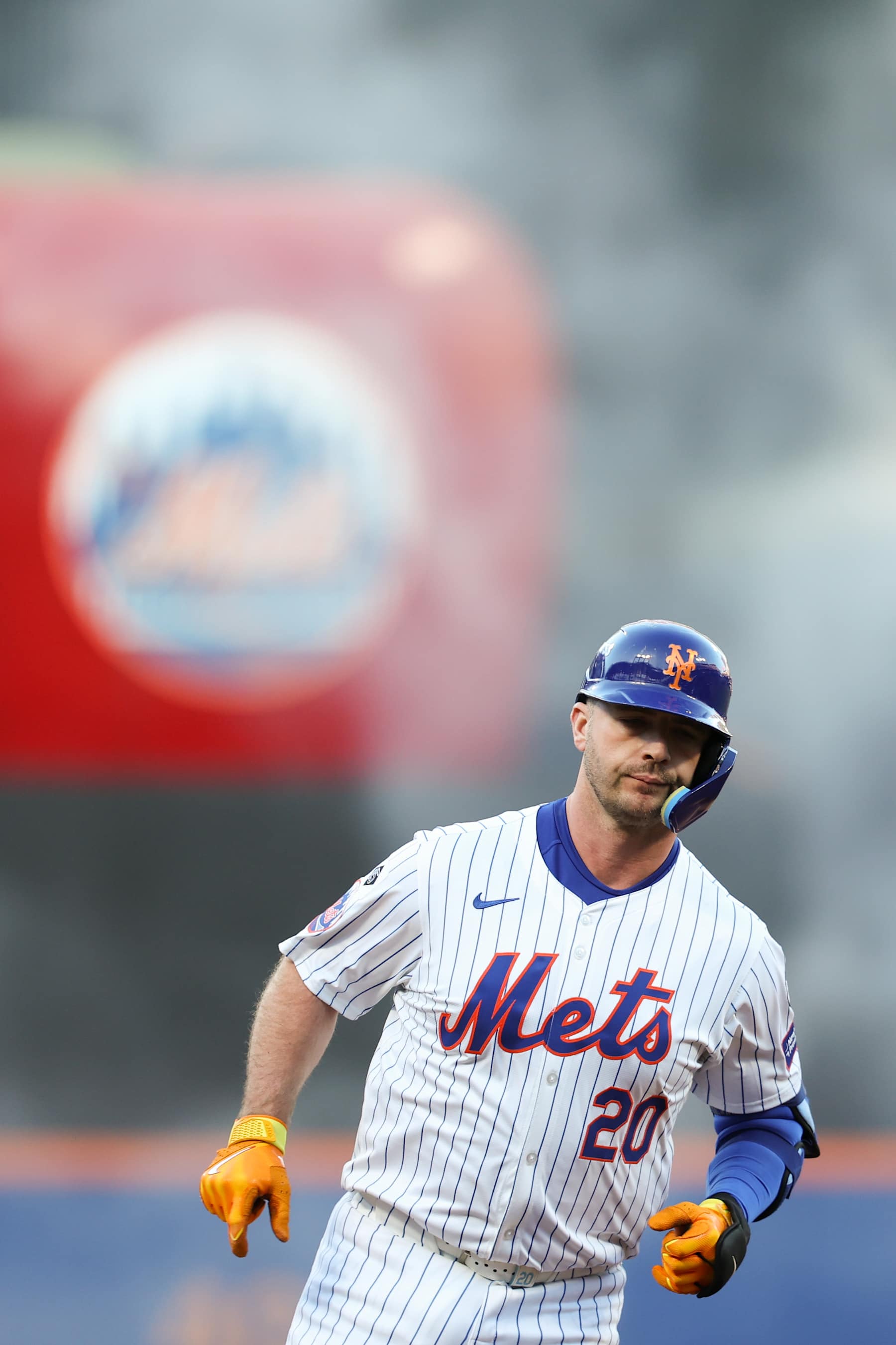 NEW YORK, NY - OCTOBER 18:   Pete Alonso #20 of the New York Mets rounds the bases after hitting a two RBI home run in the first inning during Game 5 of the NLCS presented by loanDepot between the Los Angeles Dodgers and the New York Mets at Citi Field on Friday, October 18, 2024 in New York, New York. (Photo by Rob Tringali/MLB Photos via Getty Images)