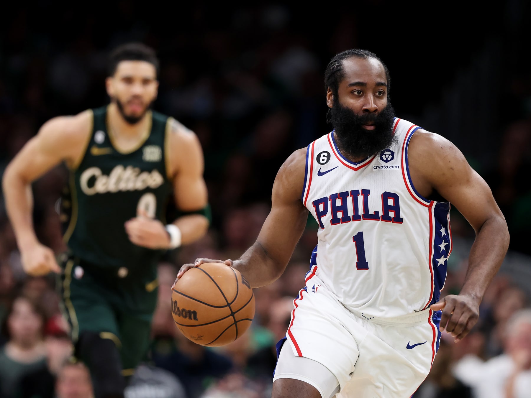 BOSTON, MASSACHUSETTS - MAY 09: James Harden #1 of the Philadelphia 76ers dribbles downcourt against the Boston Celtics during the second half of game five of the Eastern Conference Second Round Playoffs at TD Garden on May 09, 2023 in Boston, Massachusetts. The 76ers defeat the Celtics 115-103. NOTE TO USER: User expressly acknowledges and agrees that, by downloading and or using this photograph, User is consenting to the terms and conditions of the Getty Images License Agreement.  (Photo by Maddie Meyer/Getty Images)