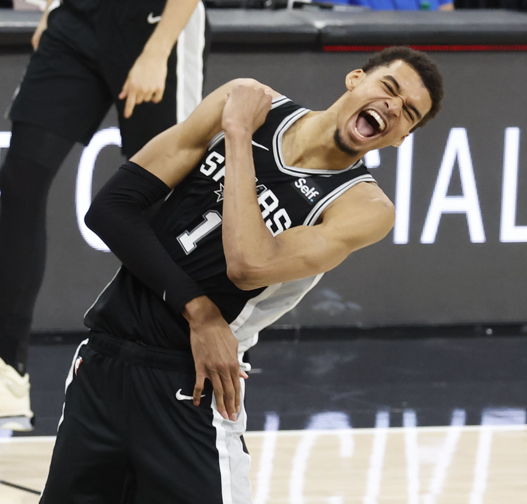 SAN ANTONIO, TX - APRIL 12: Victor Wembanyama #1 of the San Antonio Spurs celebrates after they defeated the Denver Nuggets 121-120 at Frost Bank Center on April 12, 2024 in San Antonio, Texas. NOTE TO USER: User expressly acknowledges and agrees that, by downloading and or using this photograph, User is consenting to terms and conditions of the Getty Images License Agreement. (Photo by Ronald Cortes/Getty Images)
