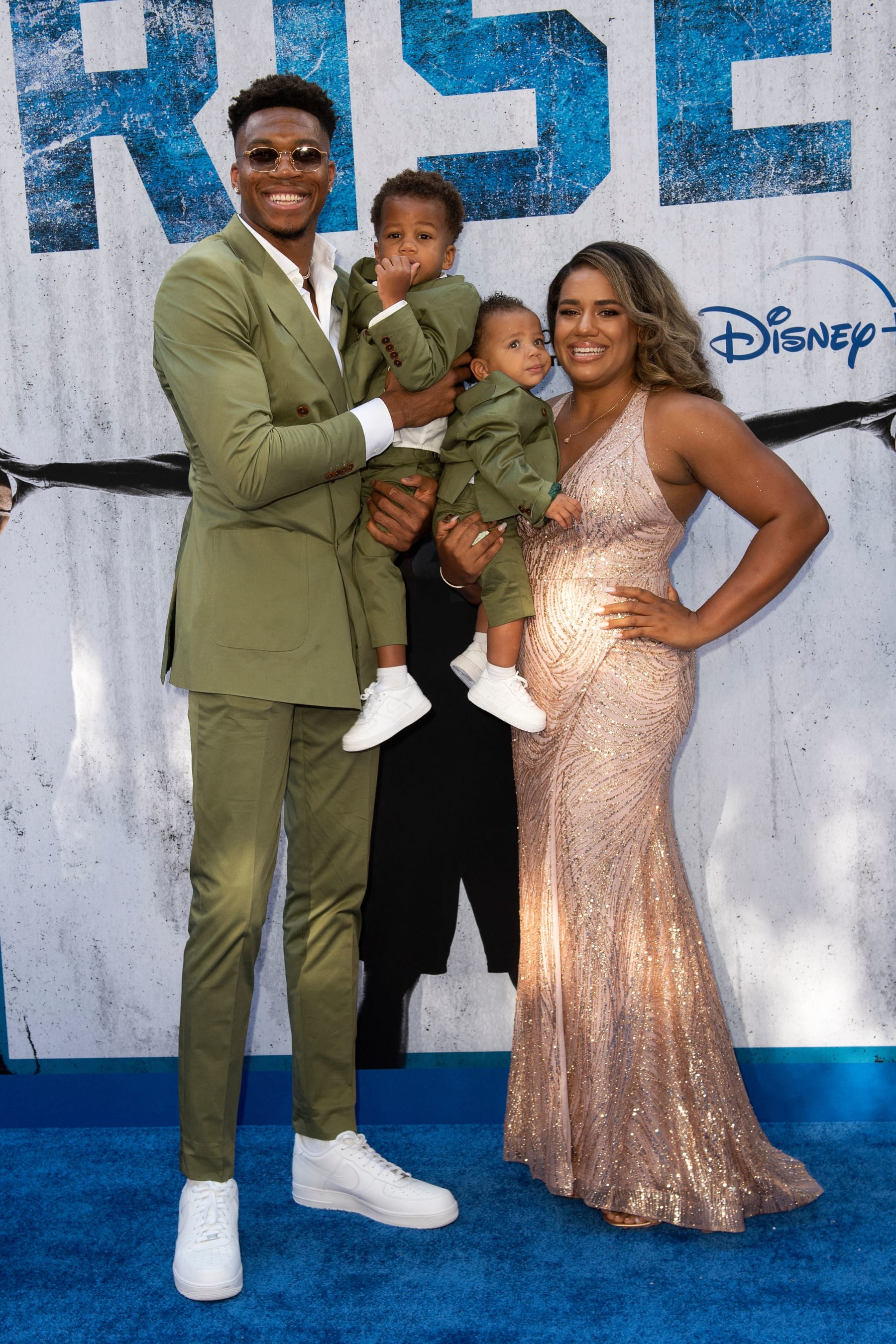 Baketball player Giannis Antetokounmpo, his partner Mariah Riddlesprigger and their children Maverick and Liam attend "Rise" premiere on June 22, 2022 in Burbank, California. (Photo by VALERIE MACON / AFP) (Photo by VALERIE MACON/AFP via Getty Images)