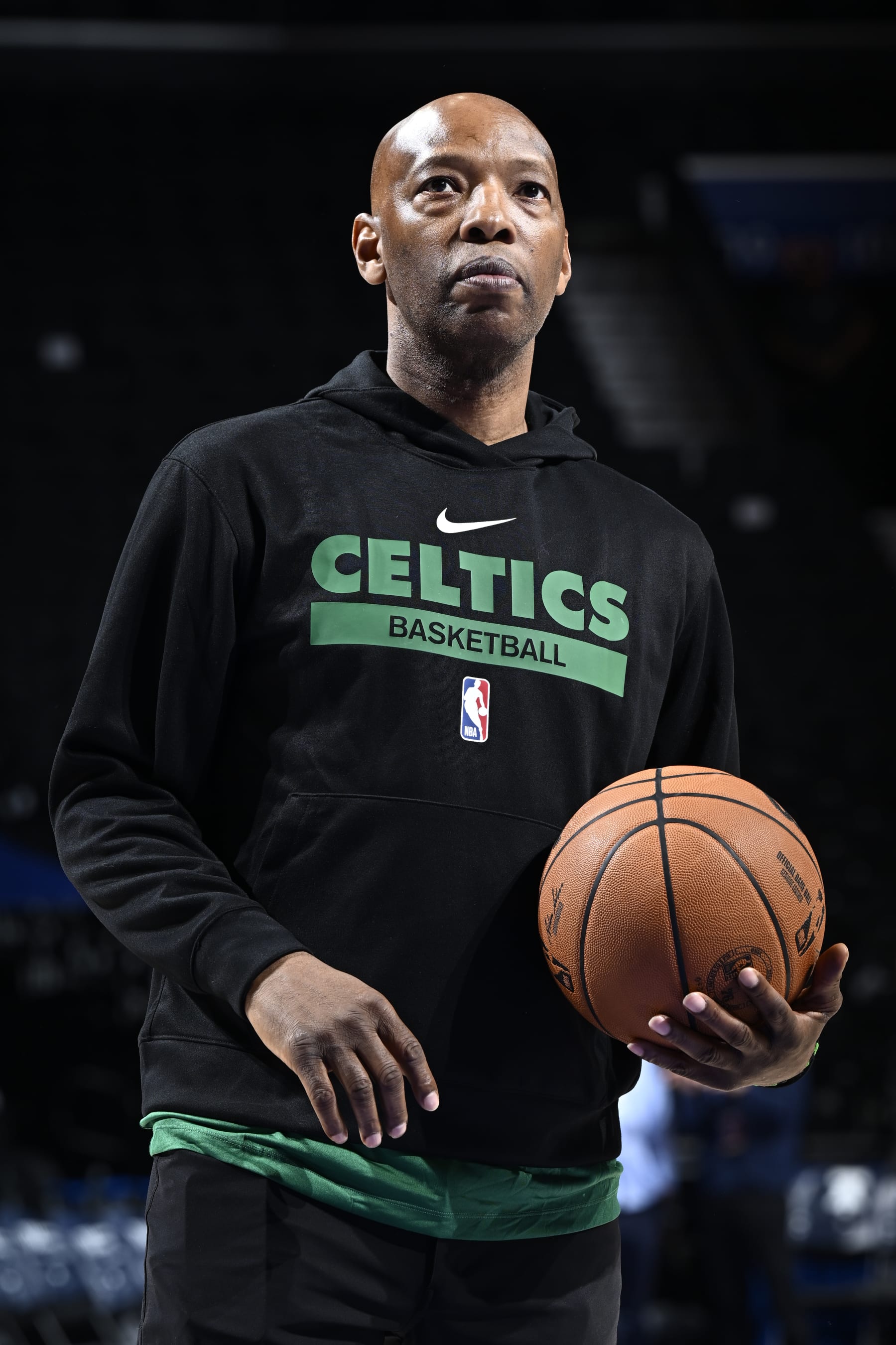 PHILADELPHIA, PA - OCTOBER 11: Assistant coach Sam Cassell of the Boston Celtics looks on pregame against the Philadelphia 76ers on October 11, 2023 at the Wells Fargo Center in Philadelphia, Pennsylvania NOTE TO USER: User expressly acknowledges and agrees that, by downloading and/or using this Photograph, user is consenting to the terms and conditions of the Getty Images License Agreement. Mandatory Copyright Notice: Copyright 2023 NBAE (Photo by David Dow/NBAE via Getty Images)