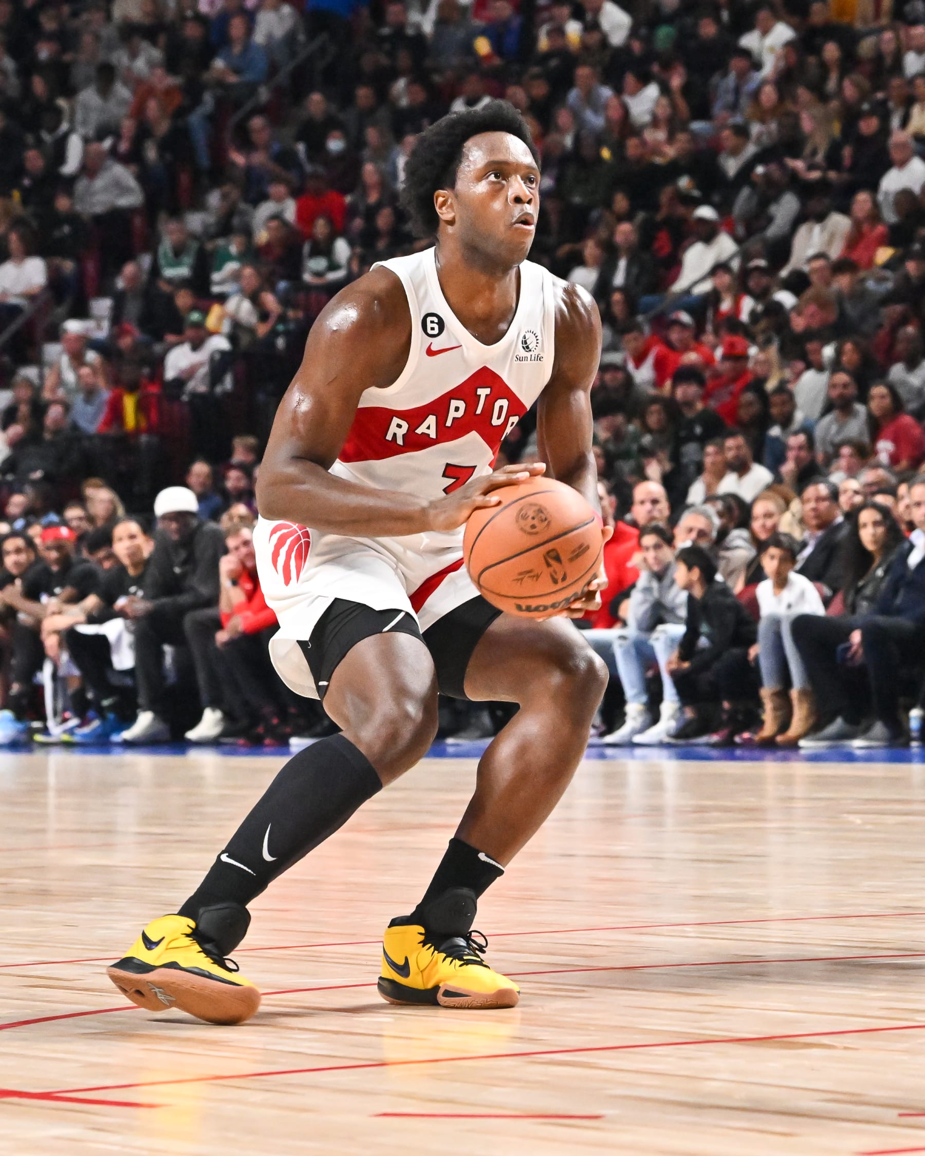 MONTREAL, CANADA - OCTOBER 14:  OG Anunoby #3 of the Toronto Raptors looks to shoot the ball against the Boston Celtics during the first half of a preseason NBA game at Centre Bell on October 14, 2022 in Montreal, Quebec, Canada.  The Toronto Raptors defeated the Boston Celtics 137-134 in overtime.  NOTE TO USER: User expressly acknowledges and agrees that, by downloading and or using this photograph, User is consenting to the terms and conditions of the Getty Images License Agreement.  (Photo by Minas Panagiotakis/Getty Images)