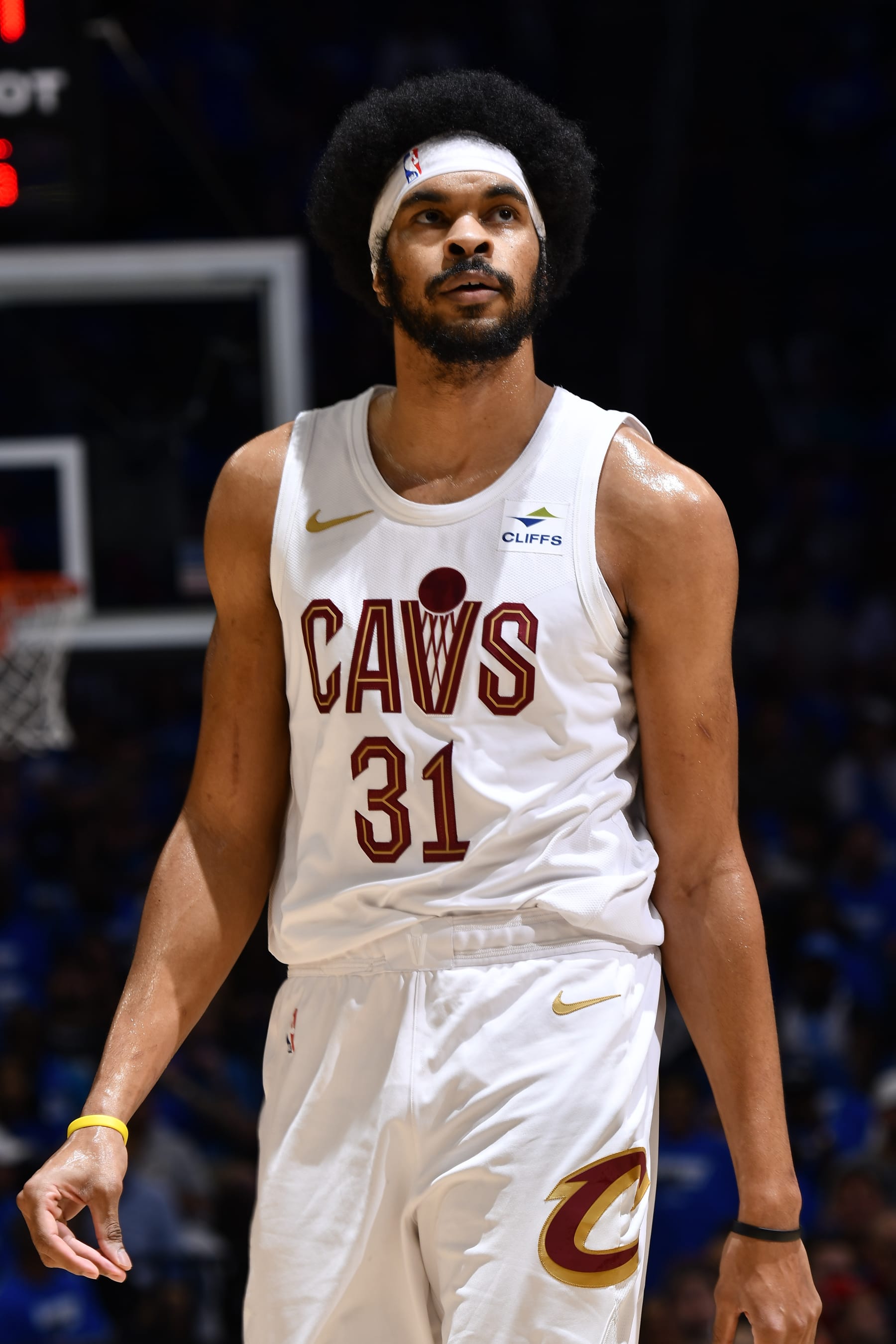 ORLANDO, FL - APRIL 25: Jarrett Allen #31 of the Cleveland Cavaliers looks on during the game against the Orlando Magic during Round 1 Game 3 of the 2024 NBA Playoffs on April 25, 2024 at Kia Center in Orlando, Florida. NOTE TO USER: User expressly acknowledges and agrees that, by downloading and or using this photograph, User is consenting to the terms and conditions of the Getty Images License Agreement. Mandatory Copyright Notice: Copyright 2023 NBAE (Photo by Fernando Medina/NBAE via Getty Images)