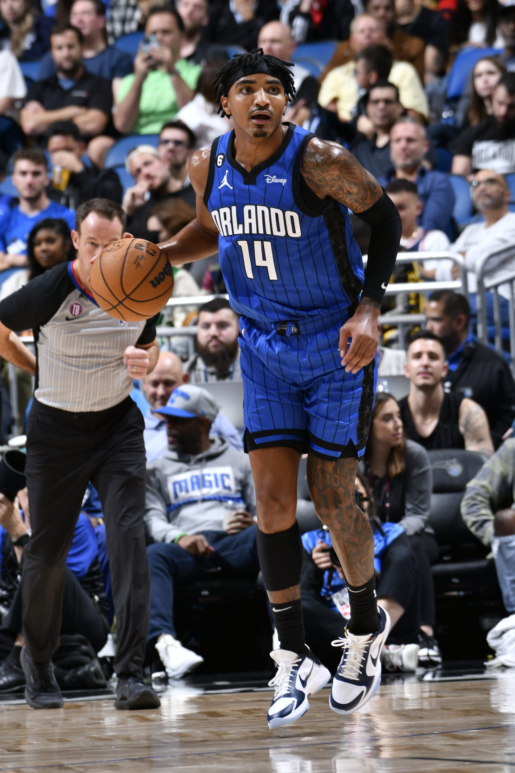 ORLANDO, FL - NOVEMBER 30: Gary Harris #14 of the Orlando Magic dribbles the ball during the game against the Atlanta Hawks on November 30, 2022 at Amway Center in Orlando, Florida. NOTE TO USER: User expressly acknowledges and agrees that, by downloading and or using this photograph, User is consenting to the terms and conditions of the Getty Images License Agreement. Mandatory Copyright Notice: Copyright 2022 NBAE (Photo by Fernando Medina/NBAE via Getty Images)