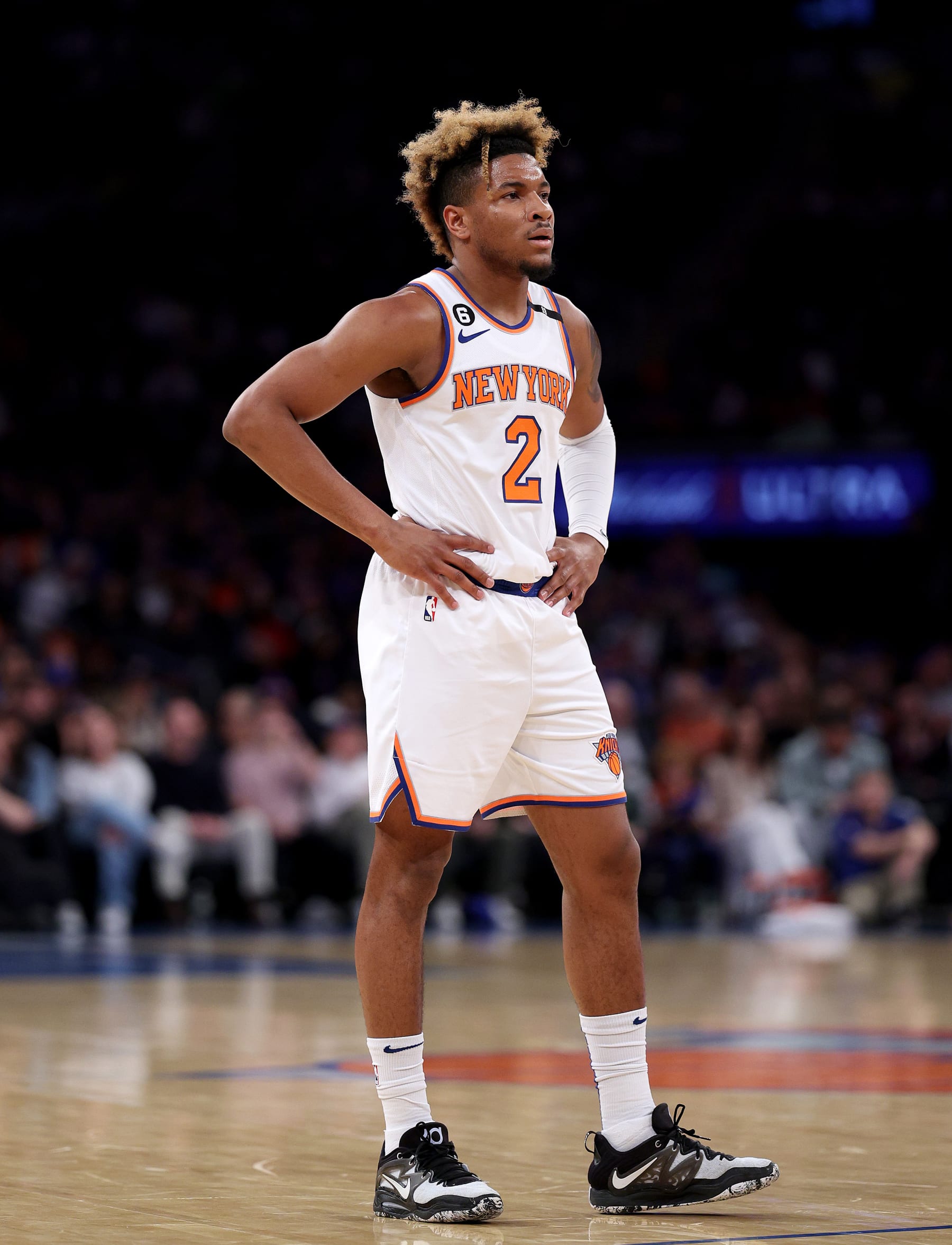 NEW YORK, NEW YORK - APRIL 09:  Miles McBride #2 of the New York Knicks stands during a stop in play in the second half against the Indiana Pacers at Madison Square Garden on April 09, 2023 in New York City. NOTE TO USER: User expressly acknowledges and agrees that, by downloading and or using this photograph, User is consenting to the terms and conditions of the Getty Images License Agreement. (Photo by Elsa/Getty Images)