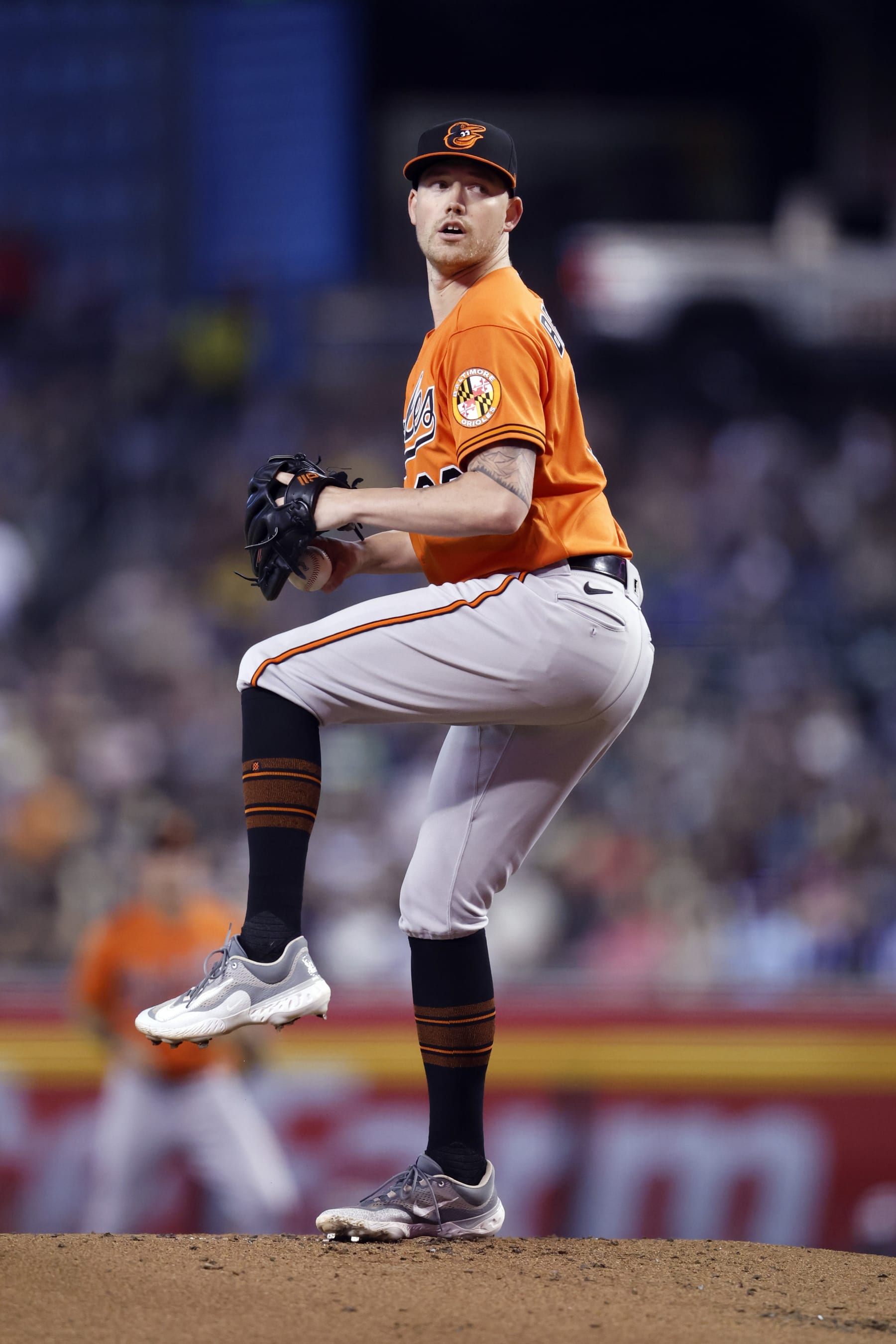 PHOENIX, ARIZONA - SEPTEMBER 02: Kyle Bradish #39 of the Baltimore Orioles pitches against the Arizona Diamondbacks during the game at Chase Field on September 02, 2023 in Phoenix, Arizona. The Orioles defeated the Diamondbacks 7-3. (Photo by Chris Coduto/Getty Images)