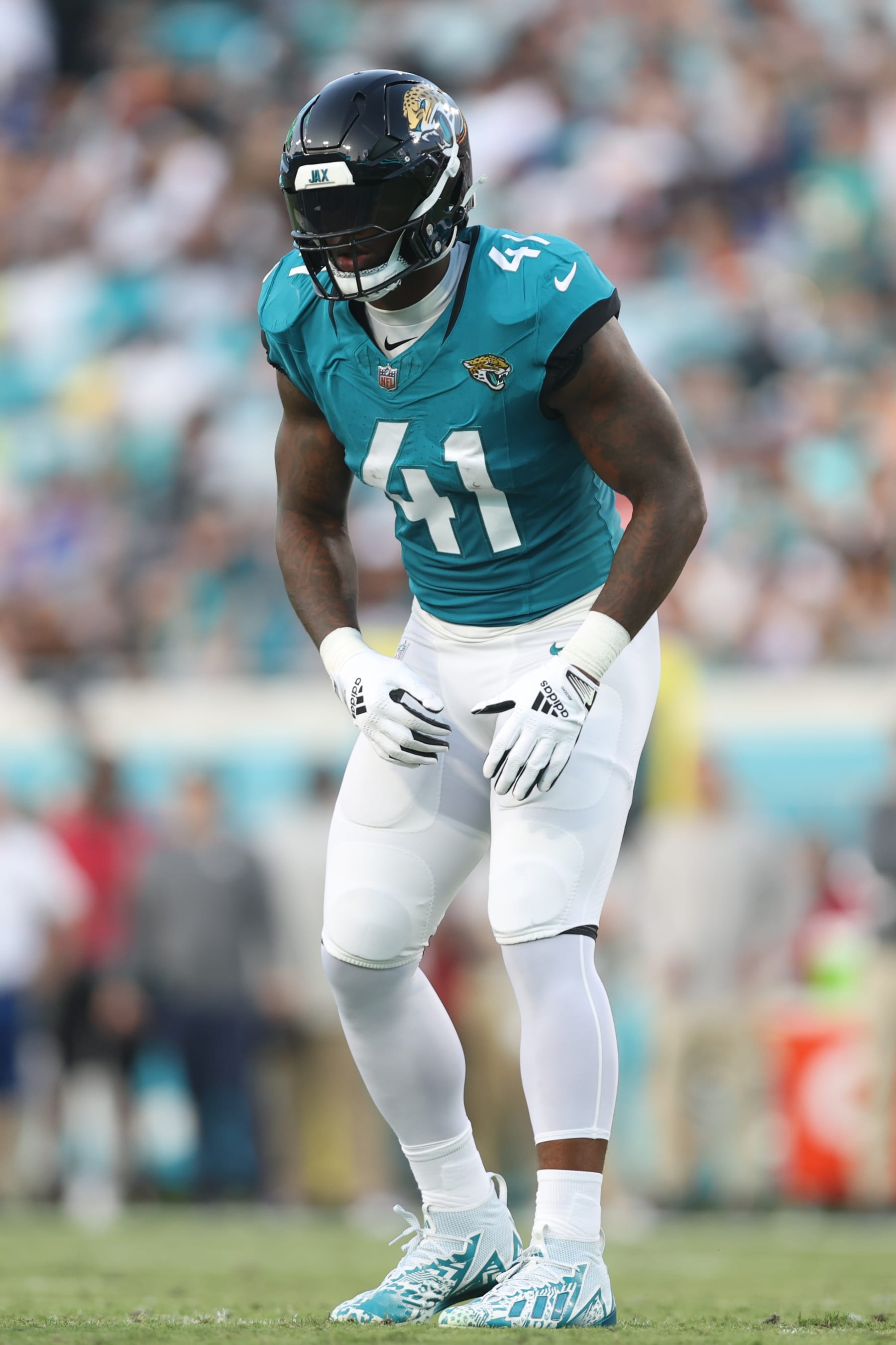 JACKSONVILLE, FL - AUGUST 26: Josh Allen #41 of the Jacksonville Jaguars in coverage against the Miami Dolphins during the first half at EverBank Stadium on Saturday, August 26, 2023 in Jacksonville, Florida. (Photo by Perry Knotts/Getty Images)