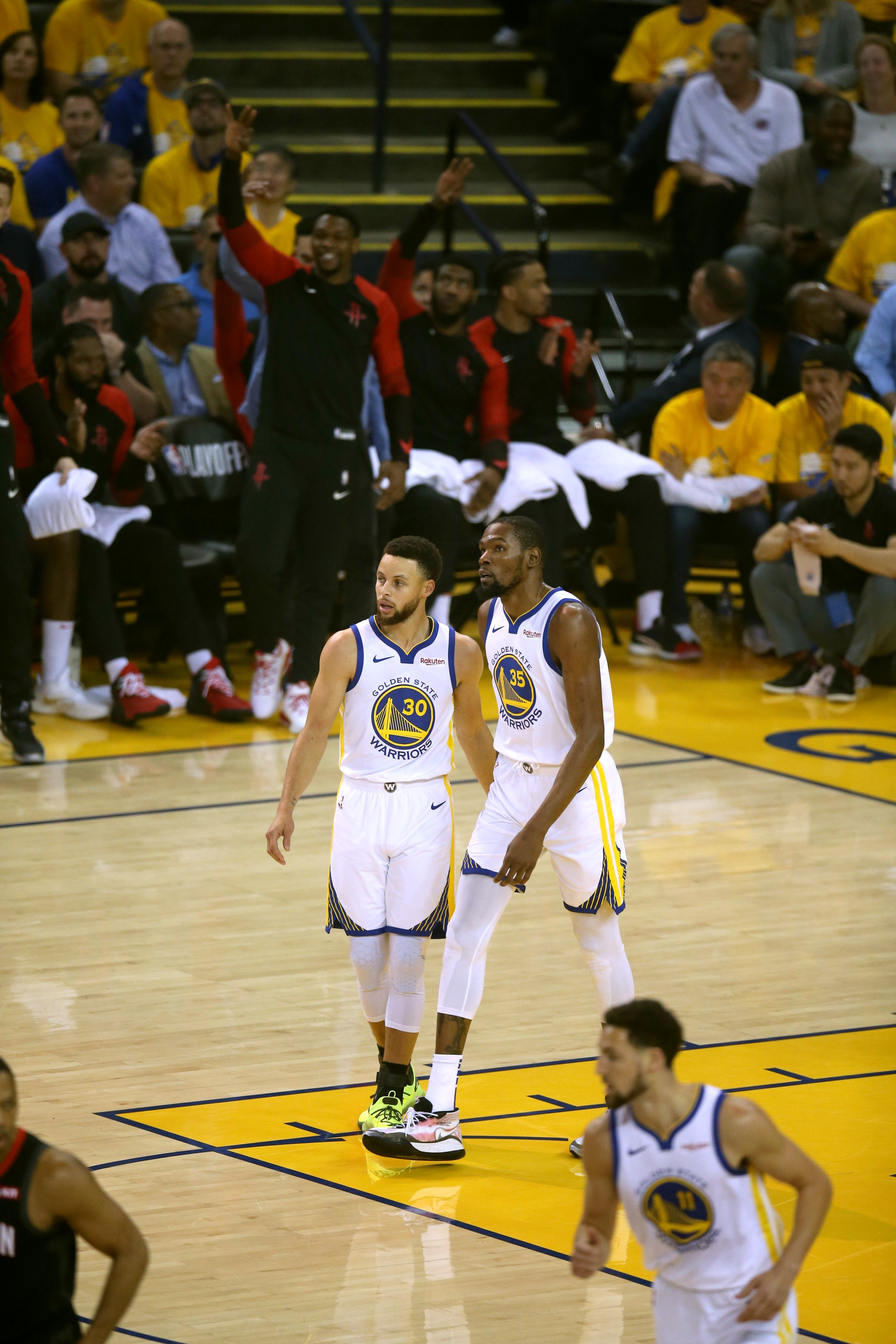 Basketball: NBA Playoffs: Golden State Warriors Stephen Curry (30) and Kevin Durant (35) during game vs Houston Rockets at Oracle Arena. Game 5. 
Oakland, CA 5/8/2019
CREDIT: Brad Mangin (Photo by Brad Mangin /Sports Illustrated via Getty Images)
(Set Number: X162650 TK1 )