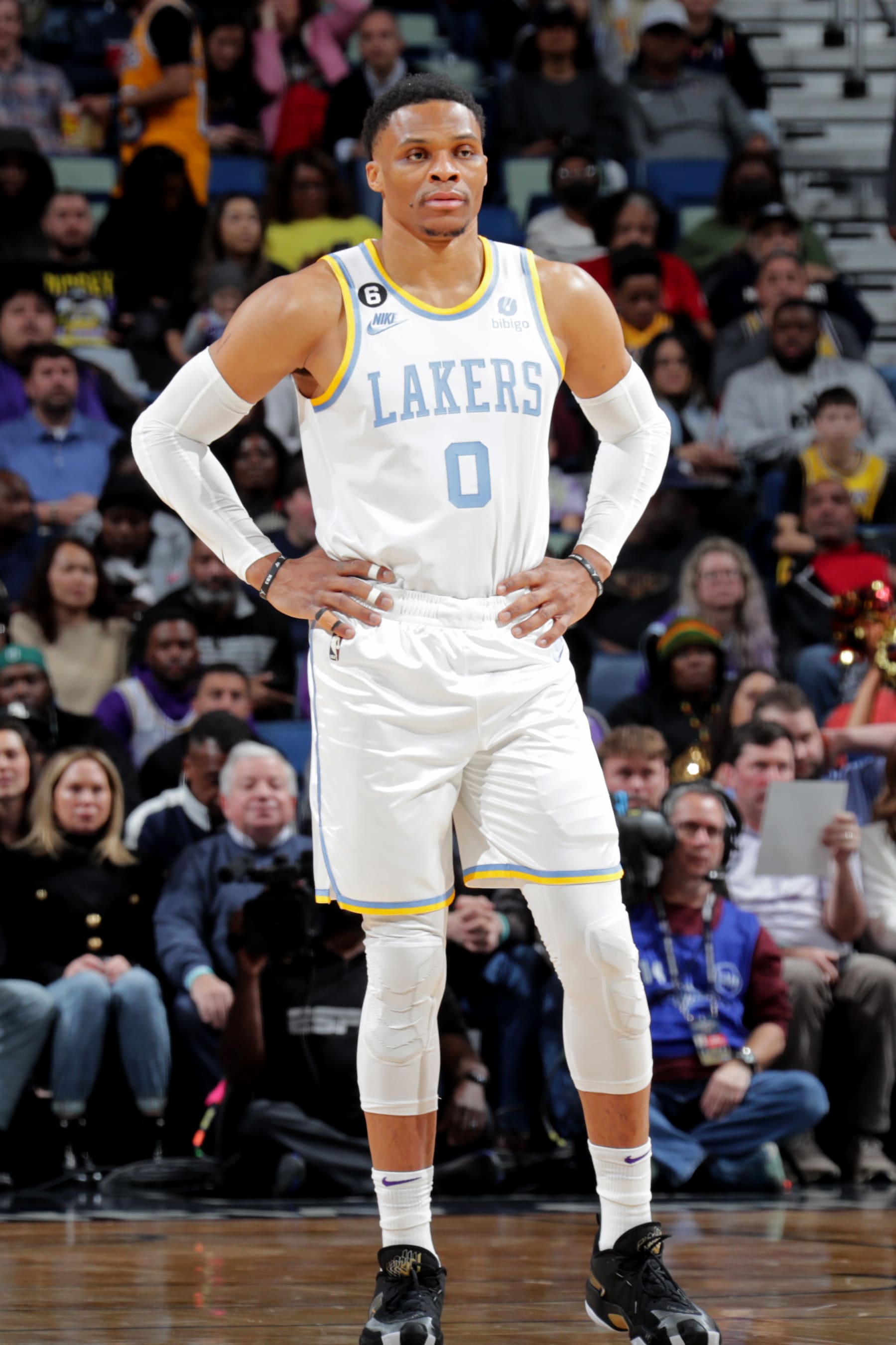 NEW ORLEANS, LA - FEBRUARY 4: Russell Westbrook #0 of the Los Angeles Lakers looks on during the game against the New Orleans Pelicans on February 4, 2023 at the Smoothie King Center in New Orleans, Louisiana. NOTE TO USER: User expressly acknowledges and agrees that, by downloading and or using this Photograph, user is consenting to the terms and conditions of the Getty Images License Agreement. Mandatory Copyright Notice: Copyright 2023 NBAE (Photo by Layne Murdoch Jr./NBAE via Getty Images)