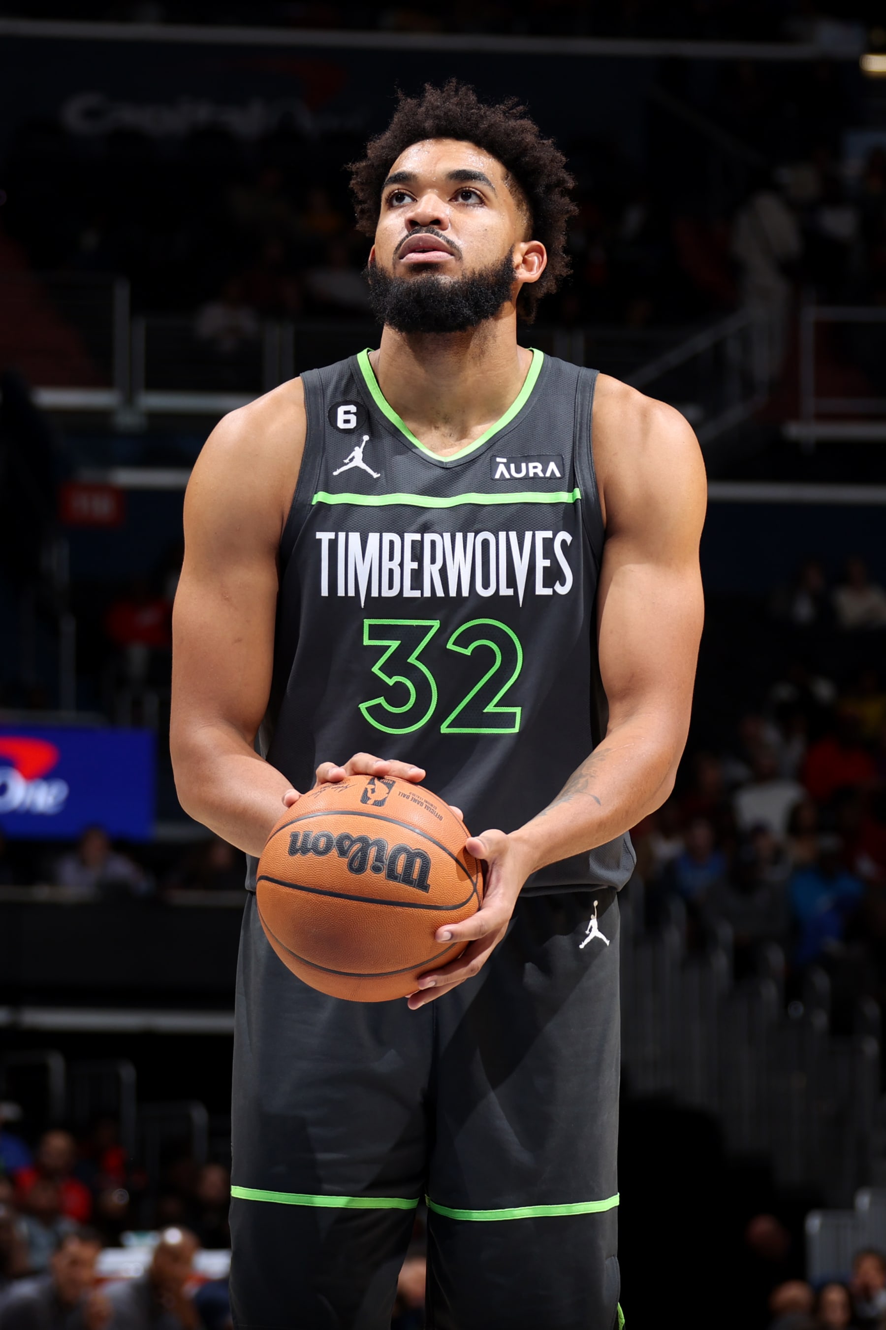 WASHINGTON, DC -  NOVEMBER 28: Karl-Anthony Towns #32 of the Minnesota Timberwolves prepares to shoot a free throw during the game against the Washington Wizards on November 28, 2022 at Capital One Arena in Washington, DC. NOTE TO USER: User expressly acknowledges and agrees that, by downloading and or using this Photograph, user is consenting to the terms and conditions of the Getty Images License Agreement. Mandatory Copyright Notice: Copyright 2022 NBAE (Photo by Stephen Gosling/NBAE via Getty Images)