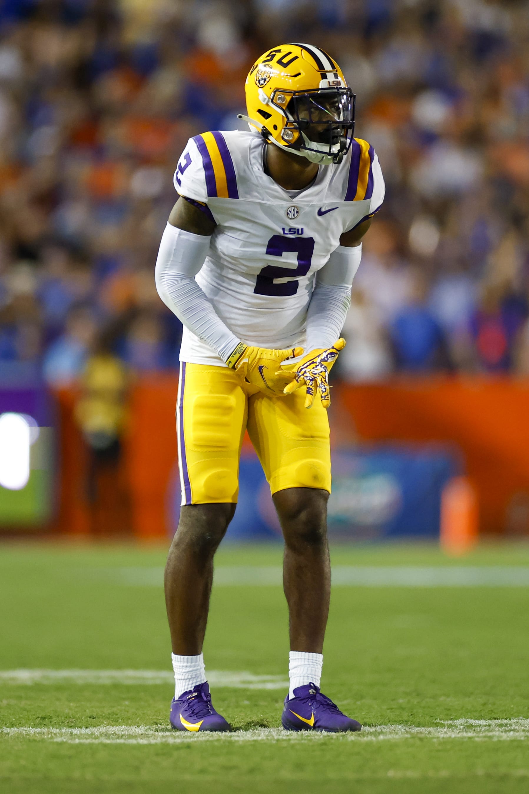 GAINESVILLE, FL - OCTOBER 15: LSU Tigers cornerback Mekhi Garner (2) during the game between the LSU Tigers and the Florida Gators on October 15, 2022 at Ben Hill Griffin Stadium at Florida Field in Gainesville, Fl. (Photo by David Rosenblum/Icon Sportswire via Getty Images)