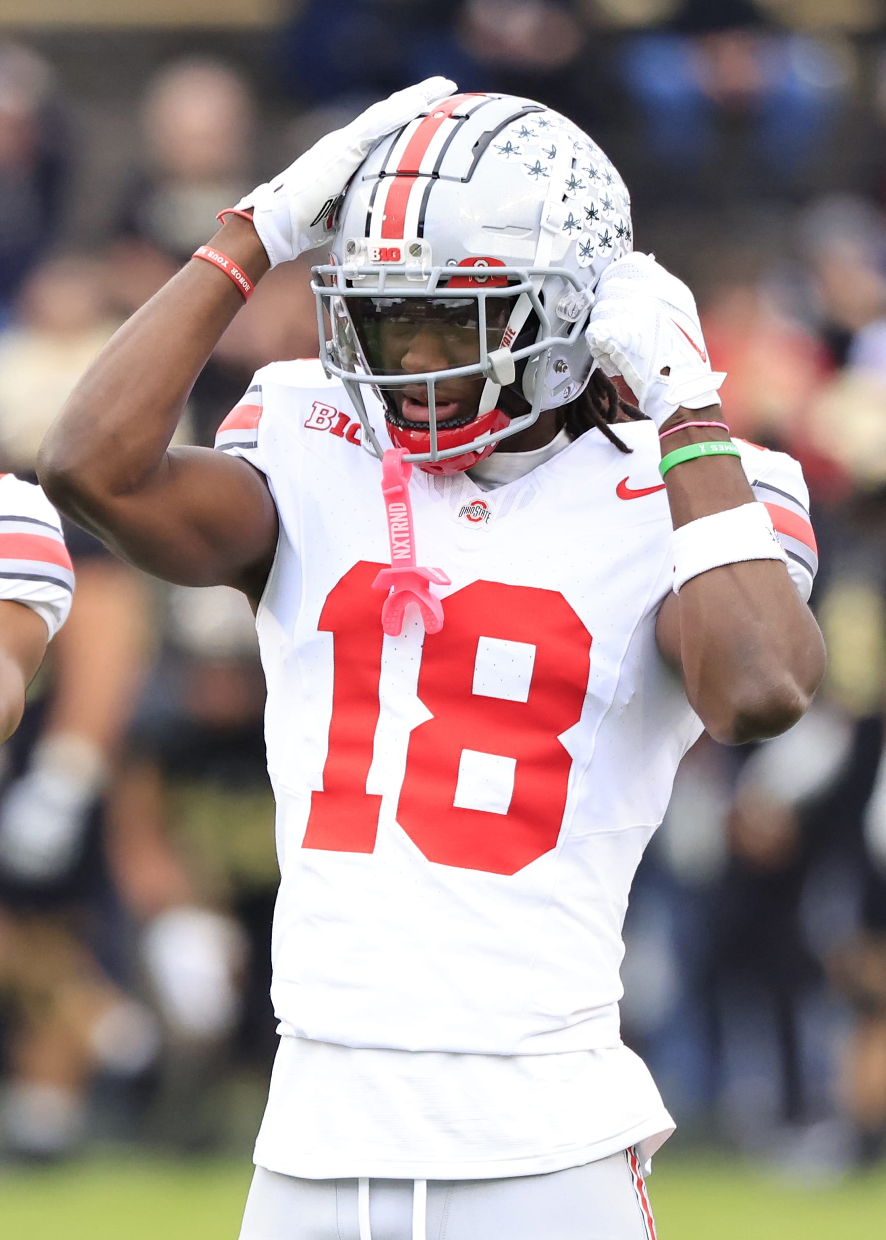 WEST LAFAYETTE, INDIANA - OCTOBER 14: Marvin Harrison Jr. #18 of the Ohio State Buckeyes warms up before the game against the Purdue Boilermakers at Ross-Ade Stadium on October 14, 2023 in West Lafayette, Indiana. (Photo by Justin Casterline/Getty Images)