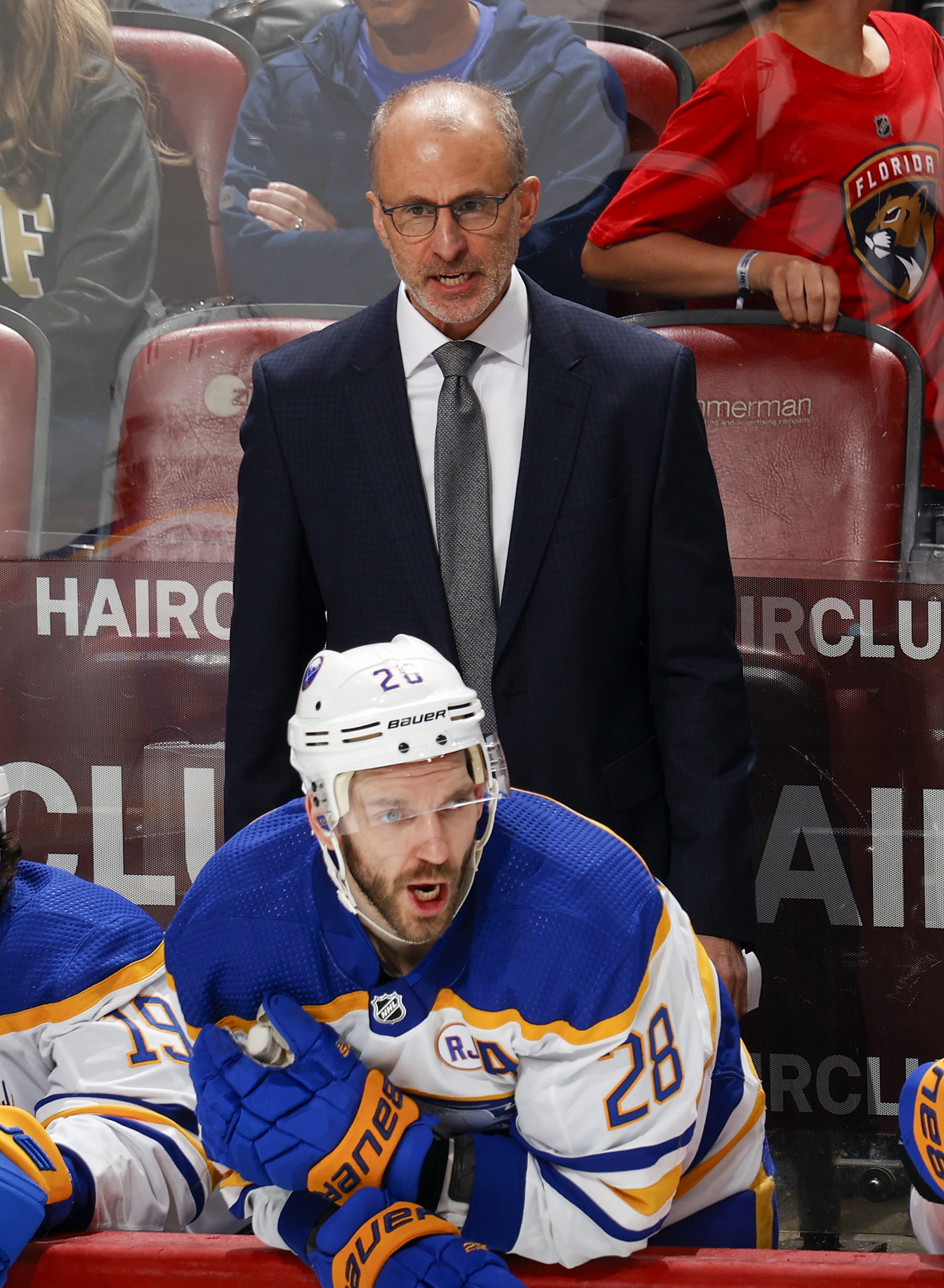 SUNRISE, FL - APRIL 13: Head coach Don Granato of the Buffalo Sabres looks on during third period action against the Florida Panthers at the Amerant Bank Arena on April 13, 2024 in Sunrise, Florida. (Photo by Joel Auerbach/Getty Images)