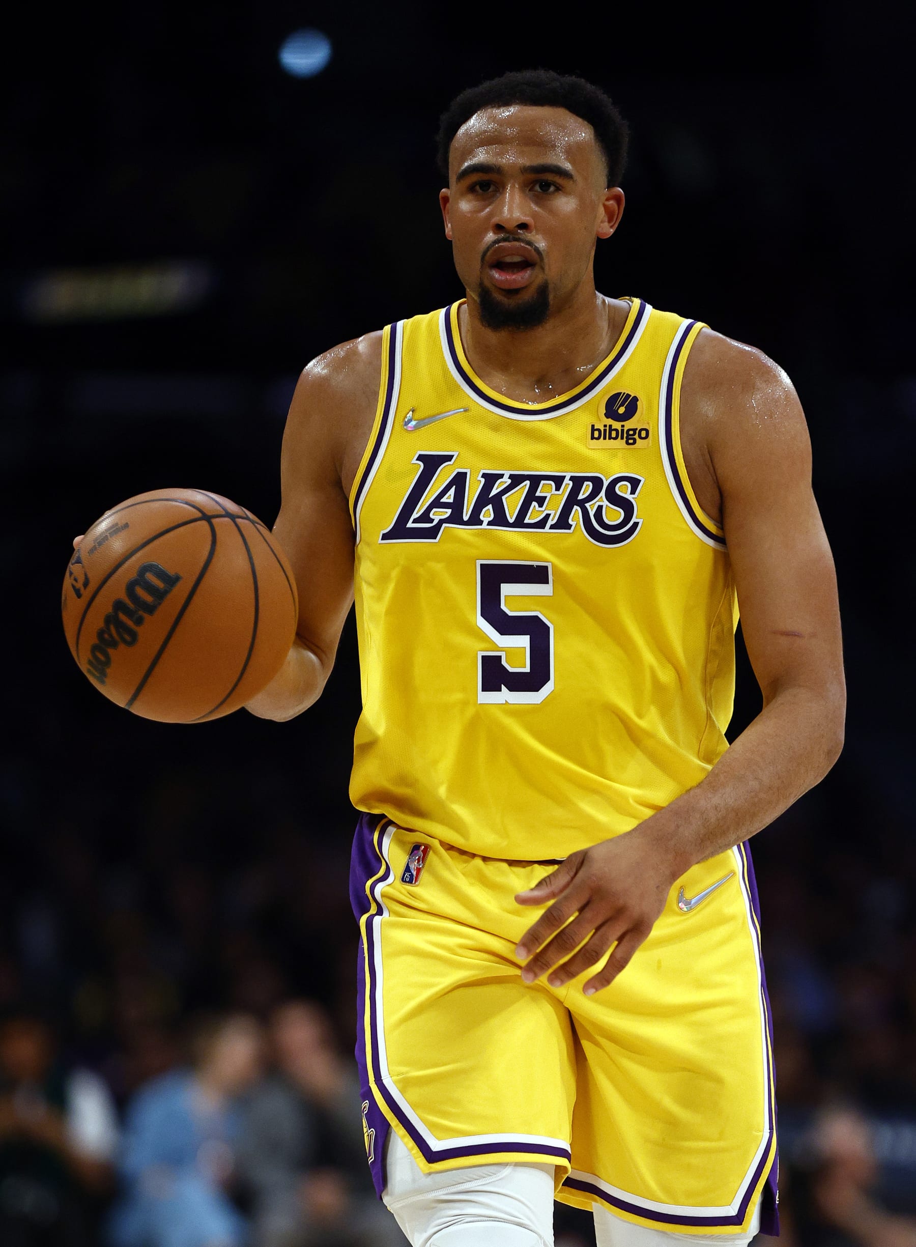 LOS ANGELES, CALIFORNIA - MARCH 14:  Talen Horton-Tucker #5 of the Los Angeles Lakers in the third quarter at Crypto.com Arena on March 14, 2022 in Los Angeles, California.  NOTE TO USER: User expressly acknowledges and agrees that, by downloading and/or using this Photograph, user is consenting to the terms and conditions of the Getty Images License Agreement. (Photo by Ronald Martinez/Getty Images)