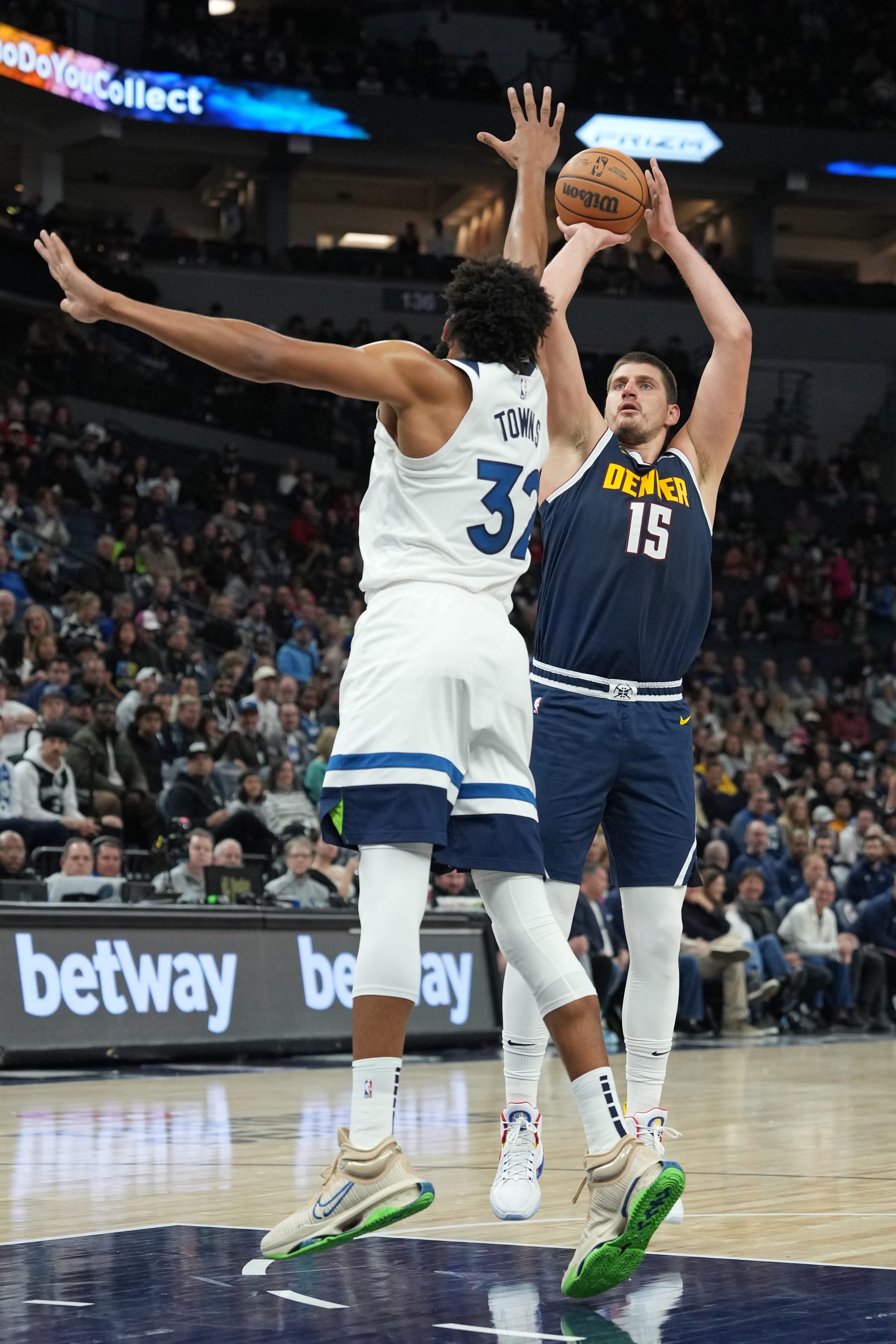 MINNEAPOLIS, MN -  NOVEMBER 1:  Nikola Jokic #15 of the Denver Nuggets shoots the ball during the game against the Minnesota Timberwolves on November 1, 2023 at Target Center in Minneapolis, Minnesota. NOTE TO USER: User expressly acknowledges and agrees that, by downloading and or using this Photograph, user is consenting to the terms and conditions of the Getty Images License Agreement. Mandatory Copyright Notice: Copyright 2023 NBAE (Photo by Jordan Johnson/NBAE via Getty Images)