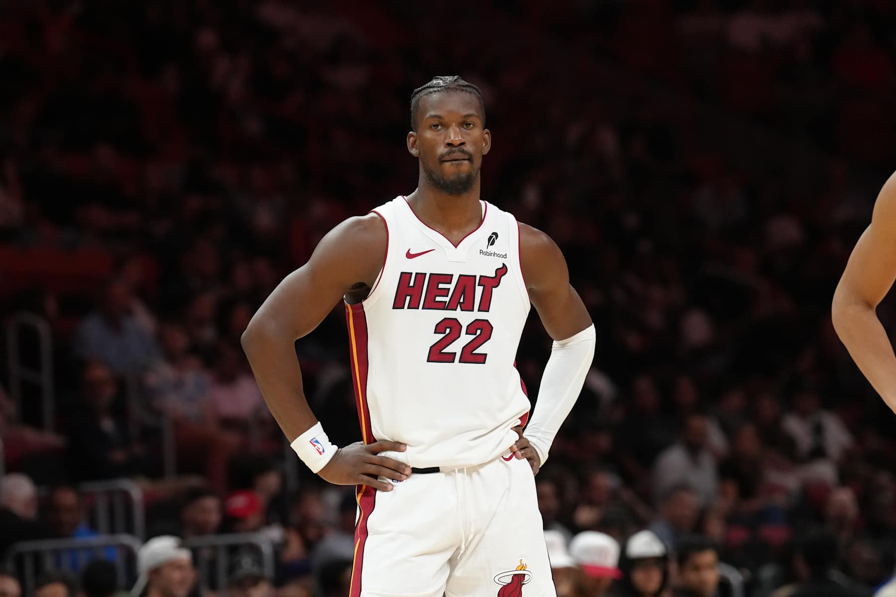MIAMI, FL - OCTOBER 16: Jimmy Butler #22 of the Miami Heat looks on during the game against the Atlanta Hawks during a preseason game on October 16, 2024 at Kaseya Center in Miami, Florida. NOTE TO USER: User expressly acknowledges and agrees that, by downloading and or using this Photograph, user is consenting to the terms and conditions of the Getty Images License Agreement. Mandatory Copyright Notice: Copyright 2024 NBAE (Photo by Eric Espada/NBAE via Getty Images)