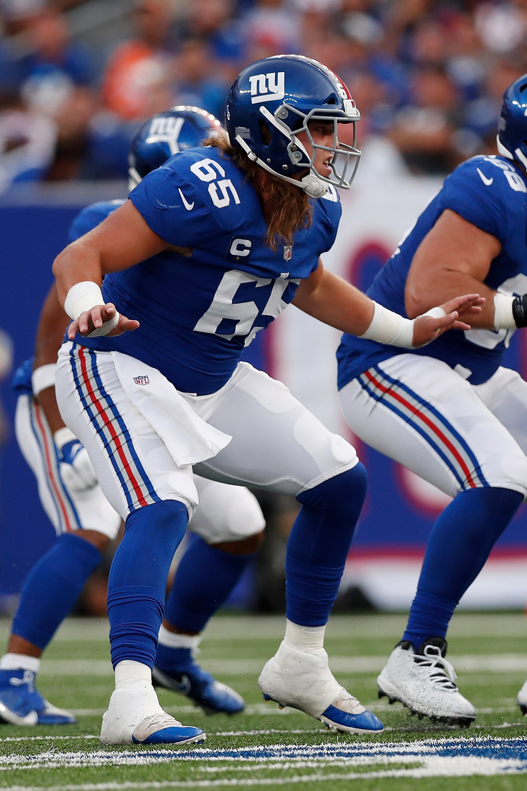 New York Giants center Nick Gates (65) in coverage during an NFL football game against the Denver Broncos, Sunday, Sept. 12, 2021, in East Rutherford, N.J. The Denver Broncos won 27-13. (AP Photo/Steve Luciano)