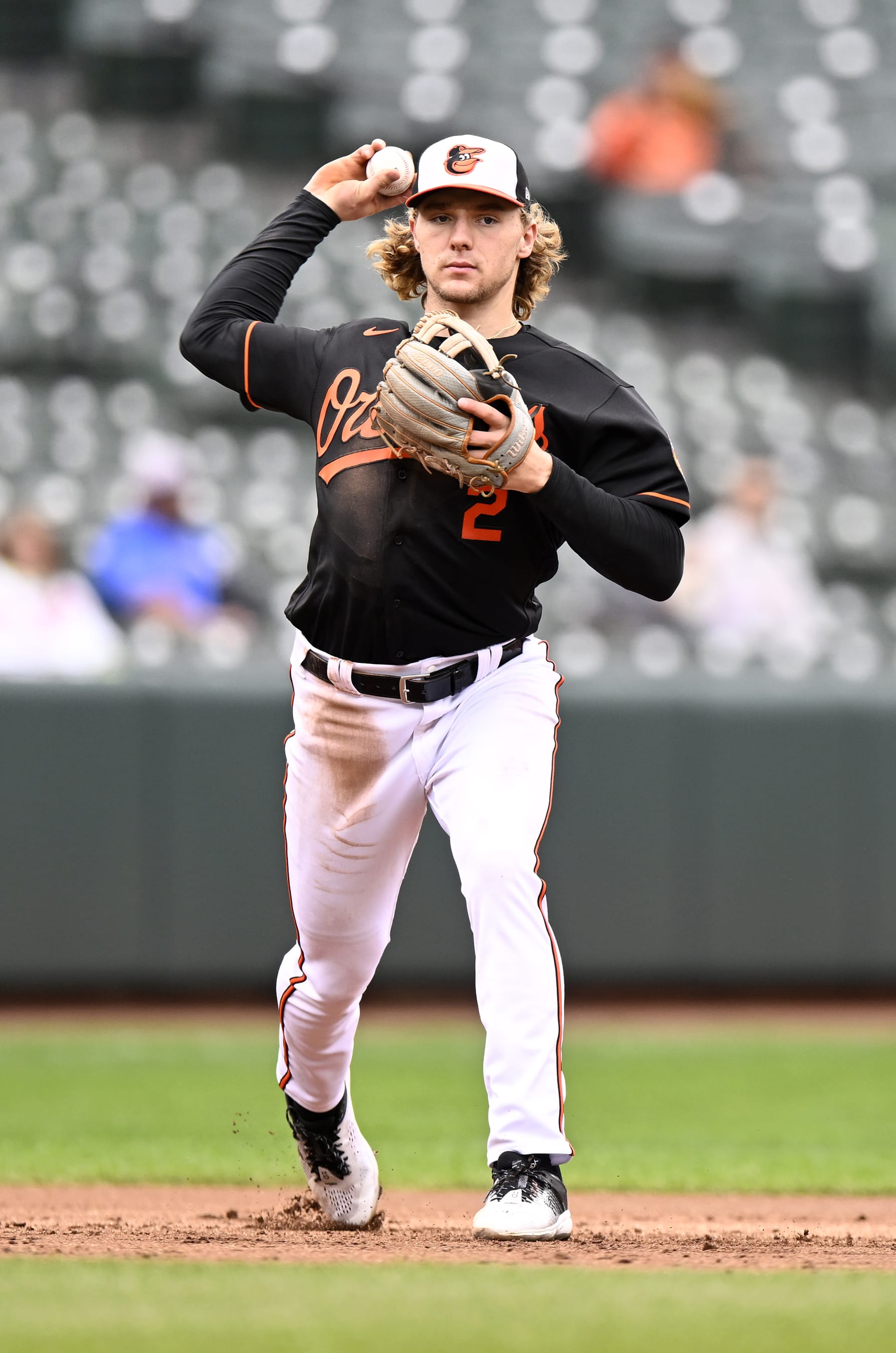 BALTIMORE, MARYLAND - OCTOBER 05: Gunnar Henderson #2 of the Baltimore Orioles throws the ball to first base against the Toronto Blue Jays during game one of a doubleheader at Oriole Park at Camden Yards on October 05, 2022 in Baltimore, Maryland. (Photo by G Fiume/Getty Images)