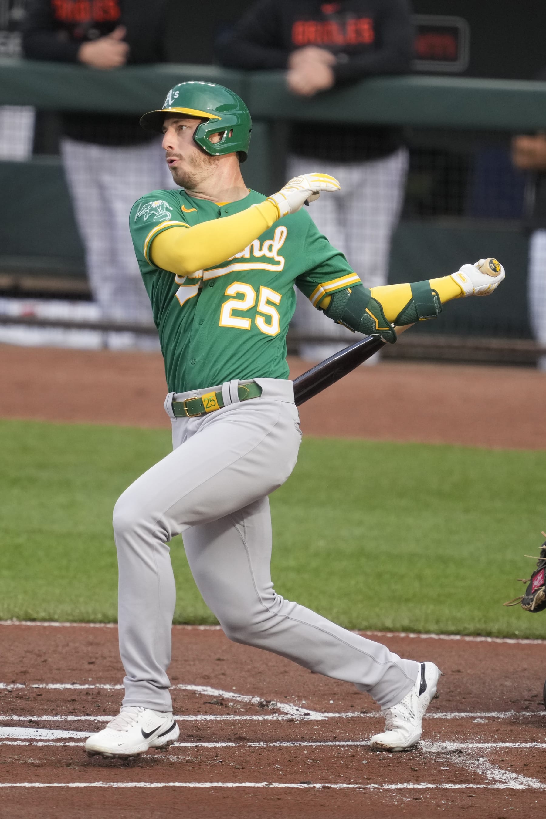 BALTIMORE MARYLAND - APRIL 11:  Brent Rooker #25 of the Oakland Athletics takes a swing during a baseball game against the Baltimore Orioles at Oriole Park at Camden Yards on April 11, 2023 in Baltimore, Maryland.  (Photo by Mitchell Layton/Getty Images)