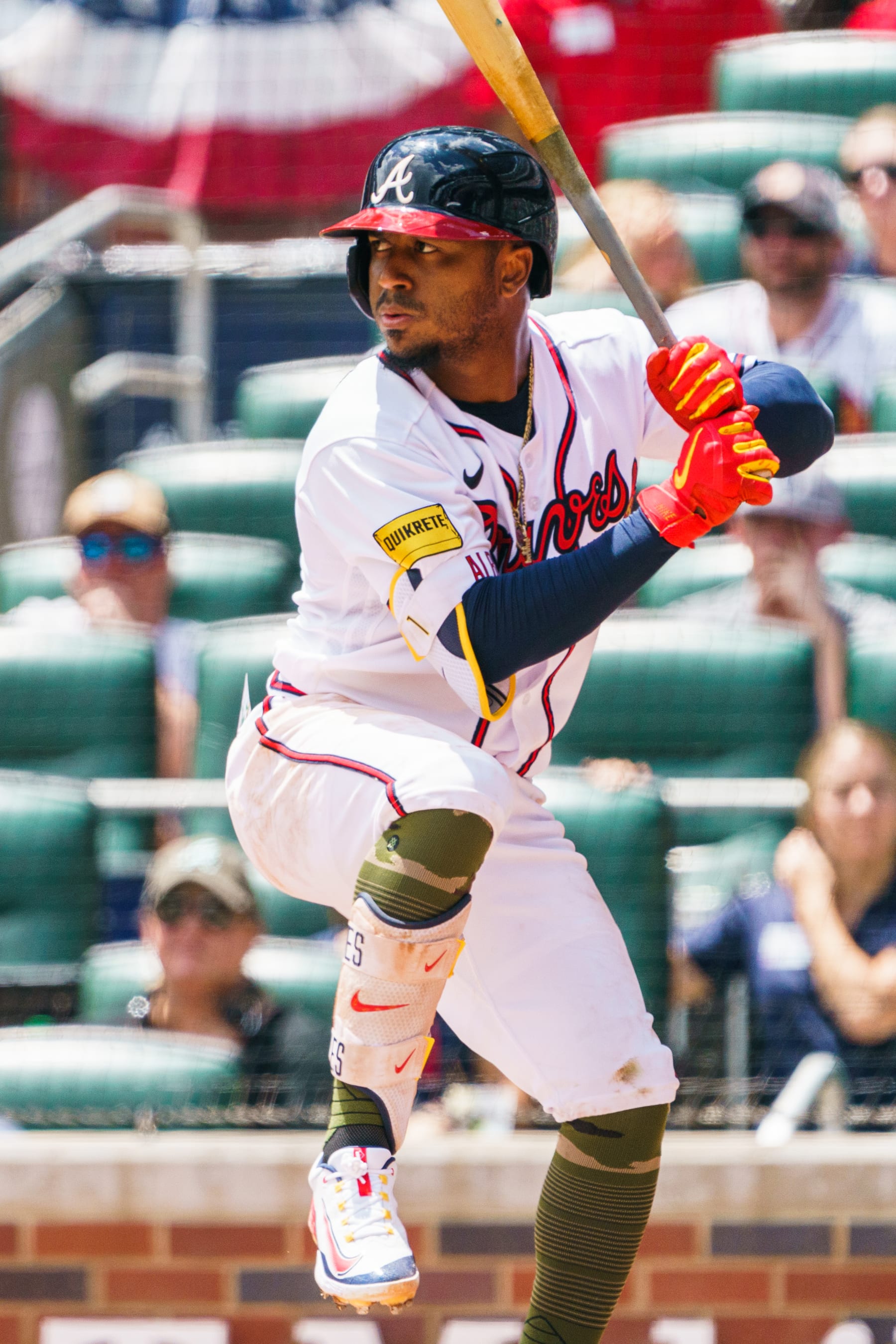 ATLANTA, GA - MAY 21: Ozzie Albies #1 of the Atlanta Braves at bat during the third inning during the game between the Atlanta Braves and the Seattle Mariners at Truist Park on May 21, 2023 in Atlanta, Georgia. (Photo by Matthew Grimes Jr./Atlanta Braves/Getty Images)
