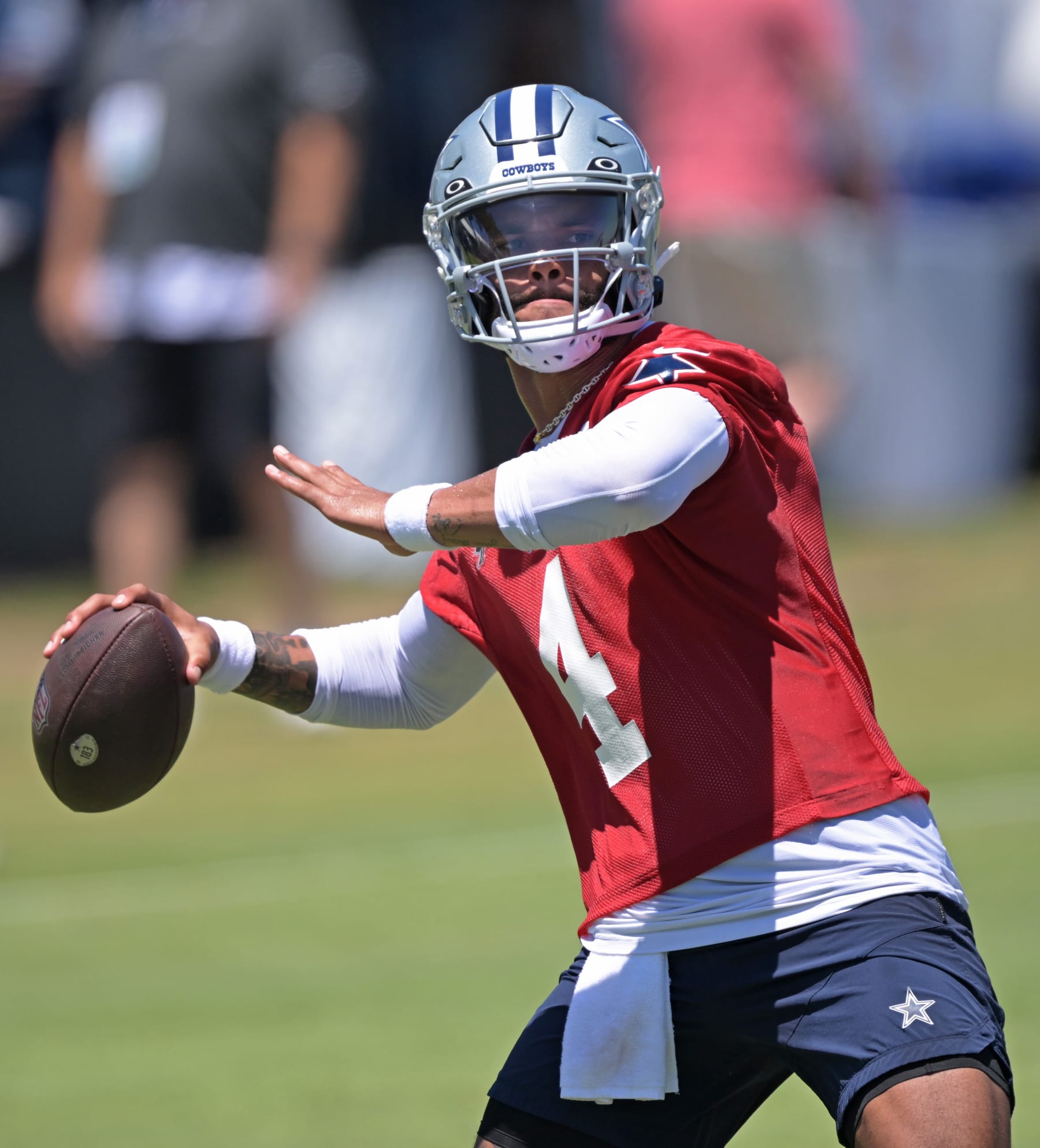OXNARD, CALIFORNIA - JULY 27: Quarterback Dak Prescott #4 of the Dallas Cowboys throws a pass during training camp at River Ridge Playing Fields on July 27, 2023 in Oxnard, California. (Photo by Jayne Kamin-Oncea/Getty Images)