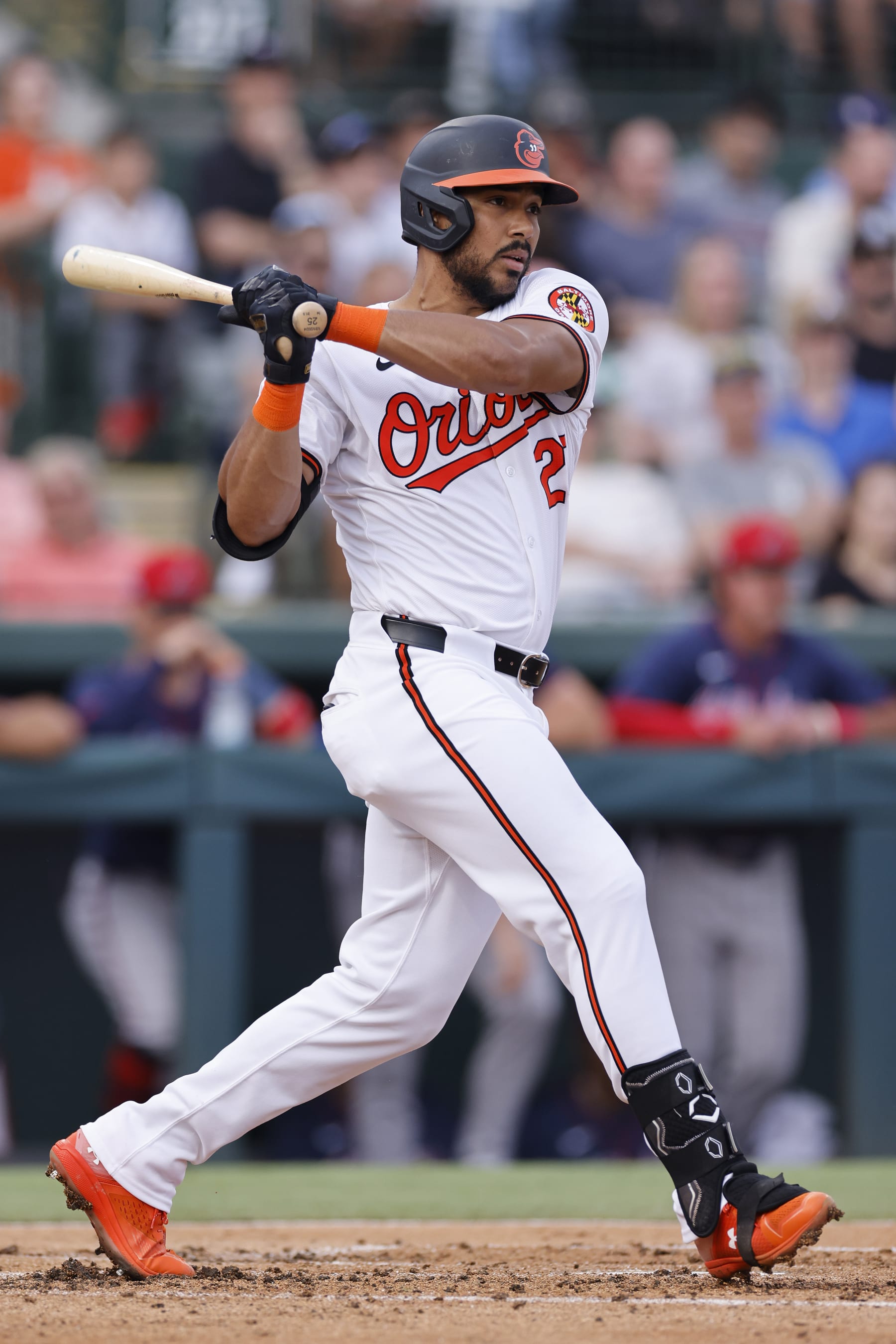 SARASOTA, FL - MARCH 13: Baltimore Orioles right fielder Anthony Santander (25) bats during an MLB spring training game against the Atlanta Braves on March 13, 2024 at Ed Smith Stadium in Sarasota, Florida. (Photo by Joe Robbins/Icon Sportswire via Getty Images)