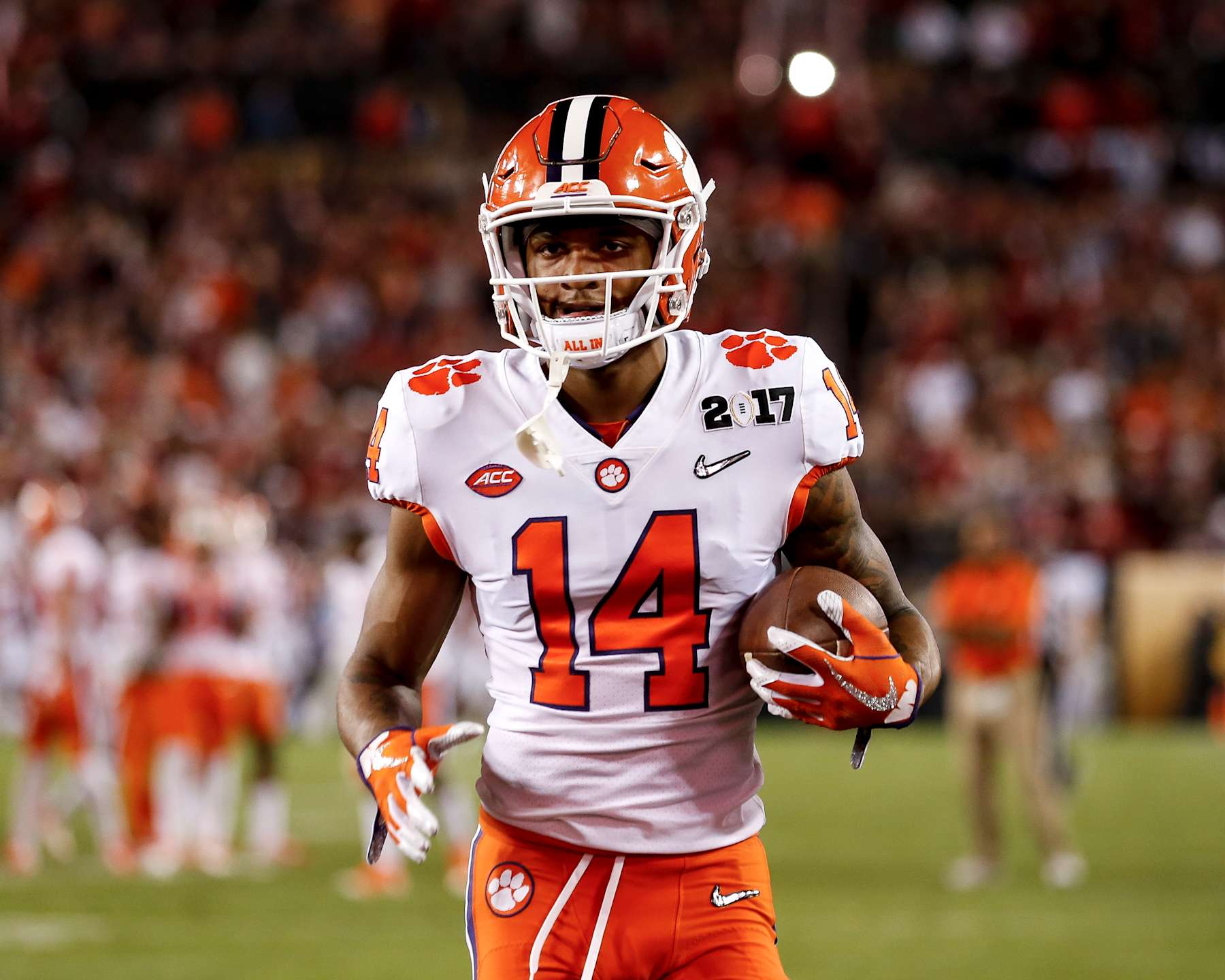 TAMPA, FL - JANUARY 09: Wide Receiver Diondre Overton #14 of the Clemson Tigers during the 2017 College Football Playoff National Championship Game against the Alabama Crimson Tide at Raymond James Stadium on January 9, 2017 in Tampa, Florida. The Clemson Tigers defeated The Alabama Crimson Tide 35 to 31. (Photo by Don Juan Moore/Getty Images)