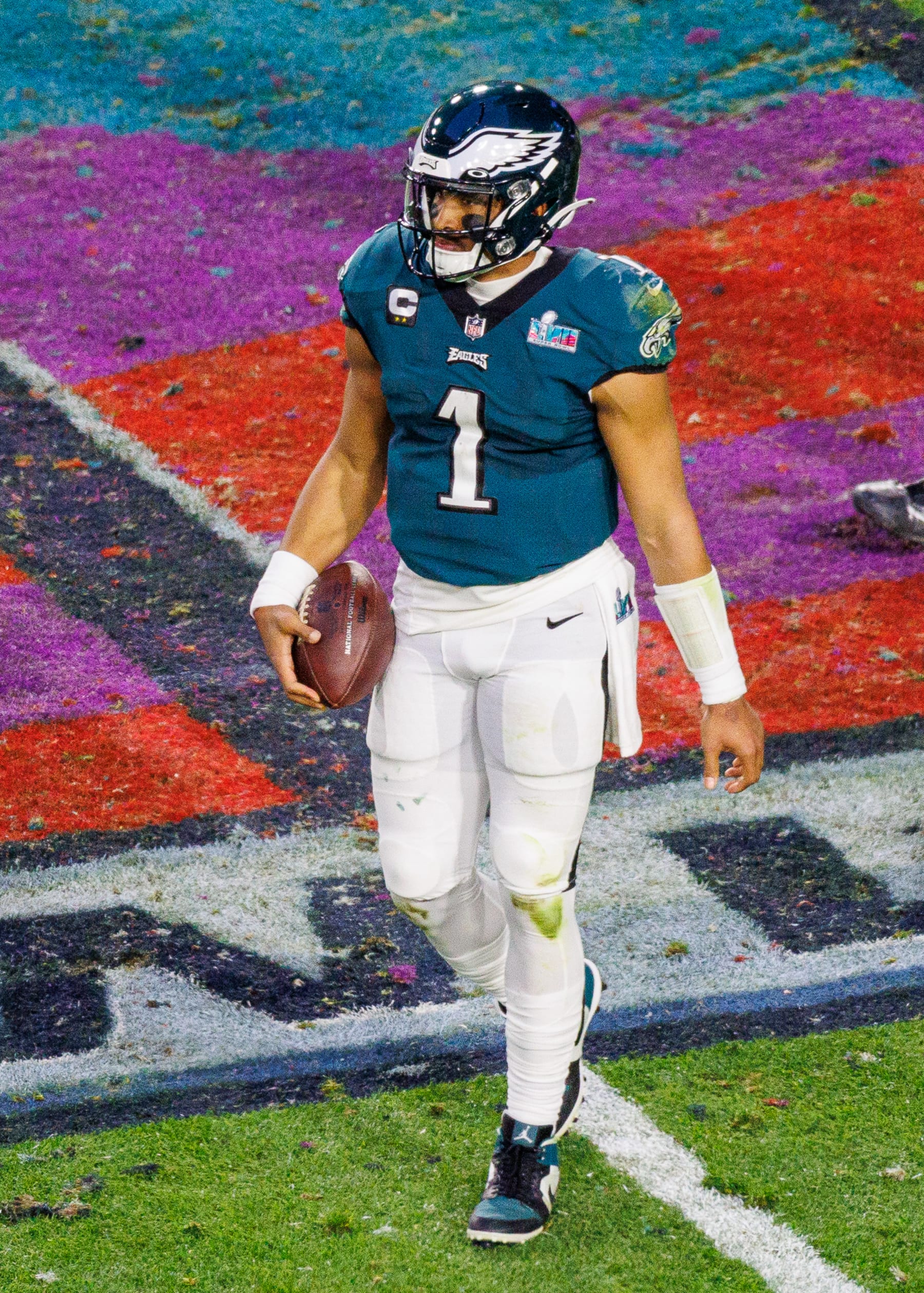 GLENDALE, AZ - FEBRUARY 12: Philadelphia Eagles quarterback Jalen Hurts (1) walks to the sideline during Super Bowl LVII between the Philadelphia Eagles and the Kansas City Chiefs on Sunday, February 12th, 2023 at State Farm Stadium in Glendale, AZ. (Photo by Adam Bow/Icon Sportswire via Getty Images)