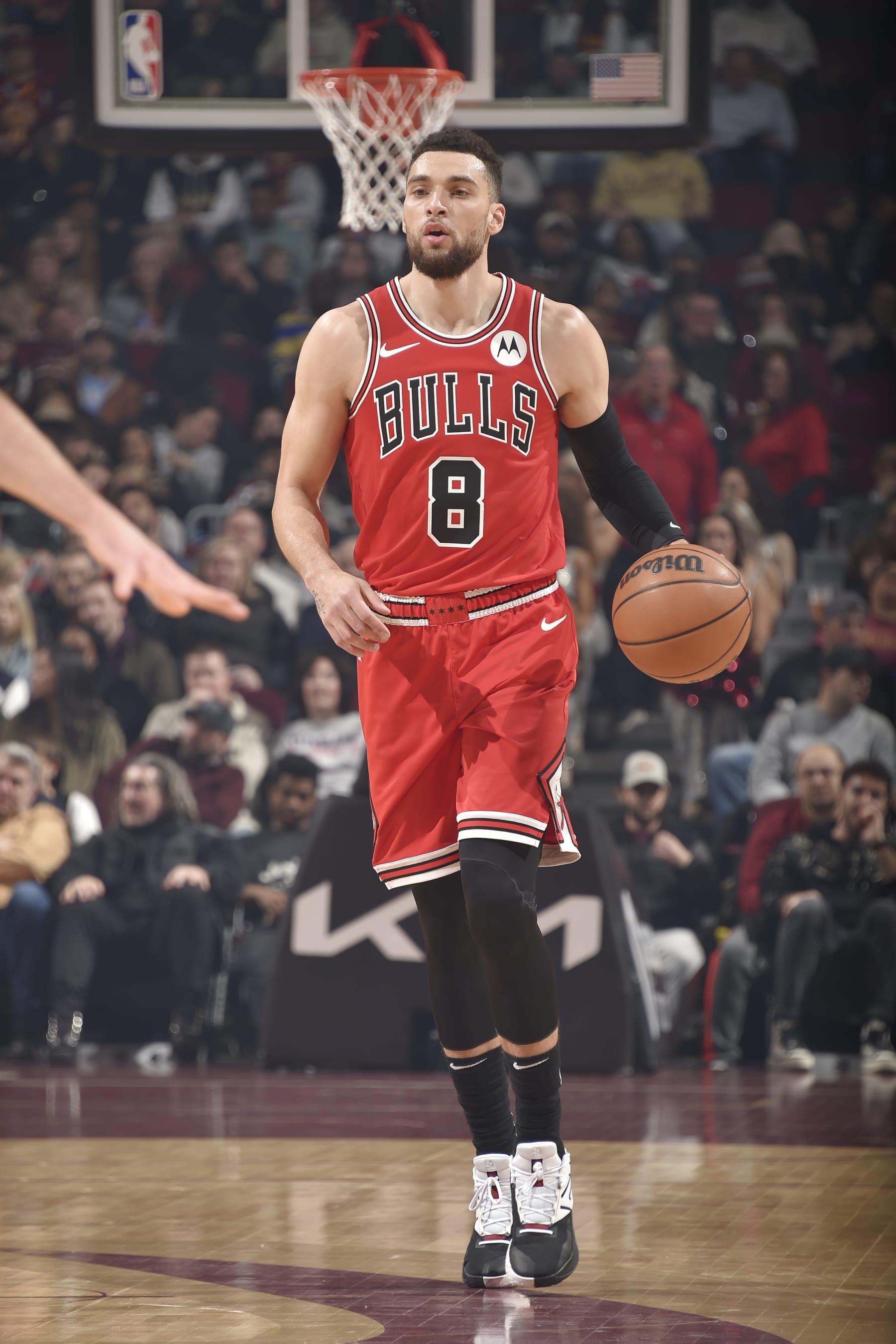 CLEVELAND, OH - JANUARY 15: Zach LaVine #8 of the Chicago Bulls dribbles the ball during the game against the Cleveland Cavaliers on January 15, 2024 at Rocket Mortgage FieldHouse in Cleveland, Ohio. NOTE TO USER: User expressly acknowledges and agrees that, by downloading and/or using this Photograph, user is consenting to the terms and conditions of the Getty Images License Agreement. Mandatory Copyright Notice: Copyright 2024 NBAE (Photo by David Liam Kyle/NBAE via Getty Images)