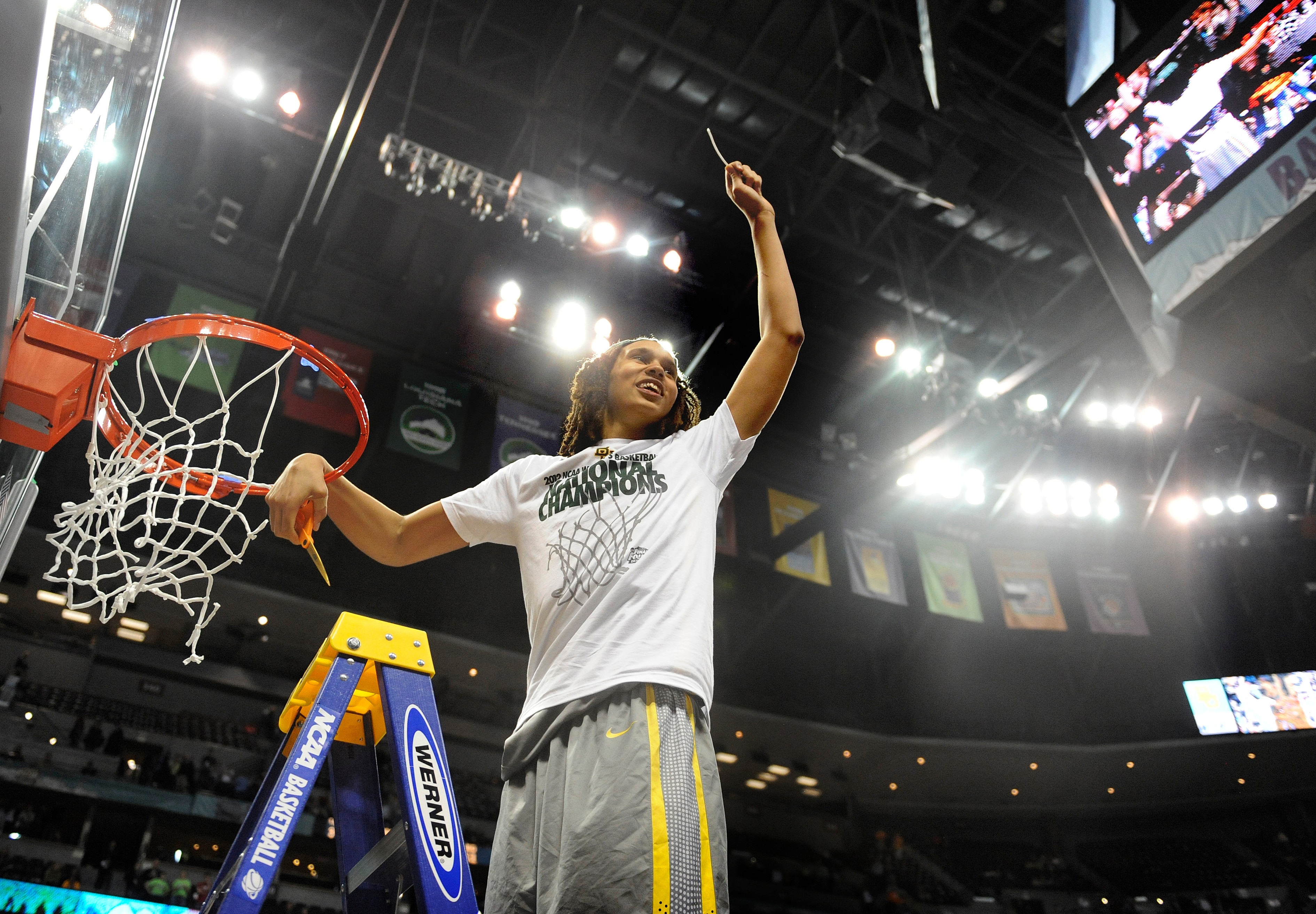 Baylor Bears center Brittney Griner cuts down the nets after defeating Notre Dame 80-61 in NCAA Women's 2012 National Championship action at the Pepsi Center in Denver, CO Tuesday April 3, 2012. AAron Ontiveroz/The Denver Post  (Photo By AAron Ontiveroz/The Denver Post via Getty Images)